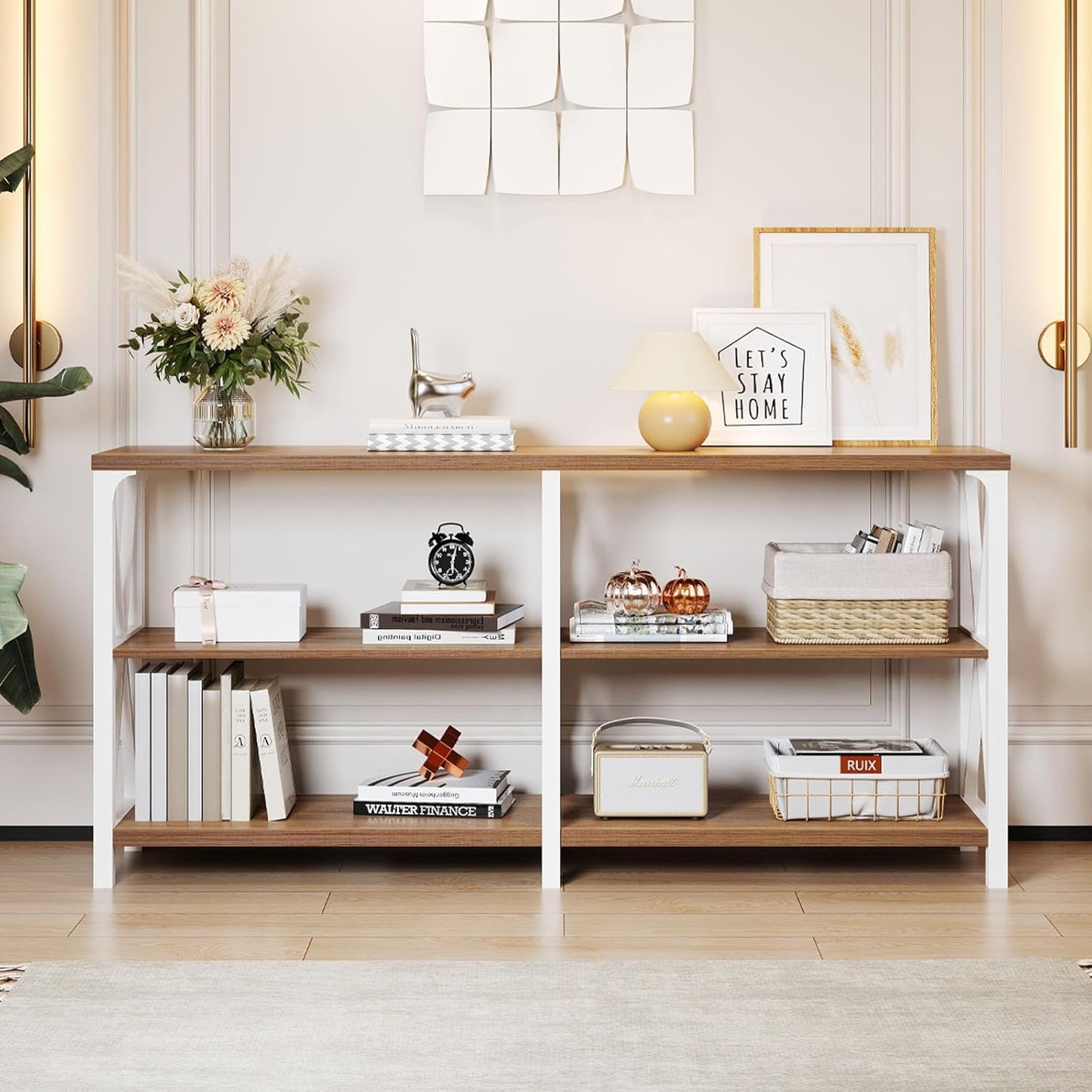 LVB Industrial Entryway Table, Farmhouse Rustic Console Table Behind Couch, Long Metal Sofa Table with Storage Shelf, Modern Hallway Table for Living Room Bedroom,White and Rustic Oak,63 inch