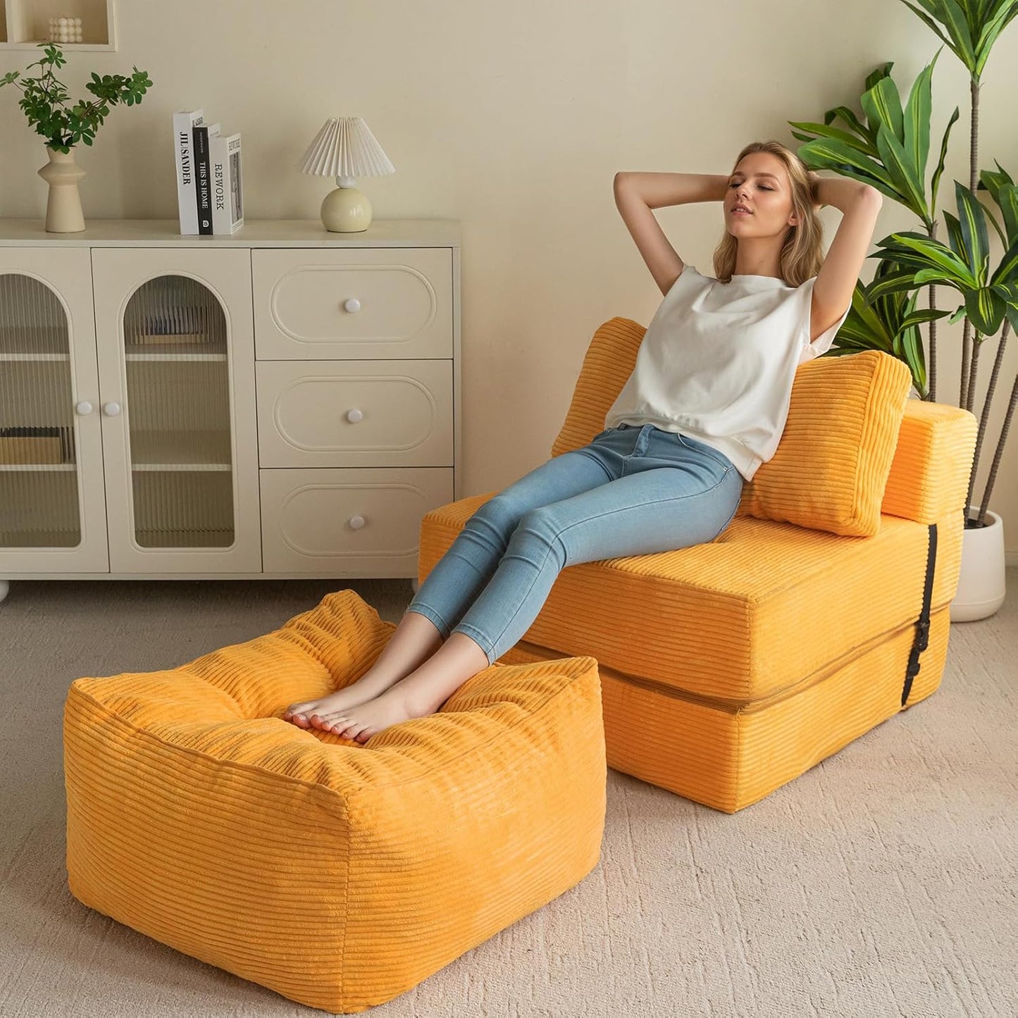 HIGOGOGO Square Stuffed Pouf Ottoman, Corduroy Poufs with Foam Chunk Filling, Furry and Fluffy Pouf Foot Stool Storage Ottoman, 25.6 X 25.6 Floor Poufs Foot Rest for Living Room, Orange