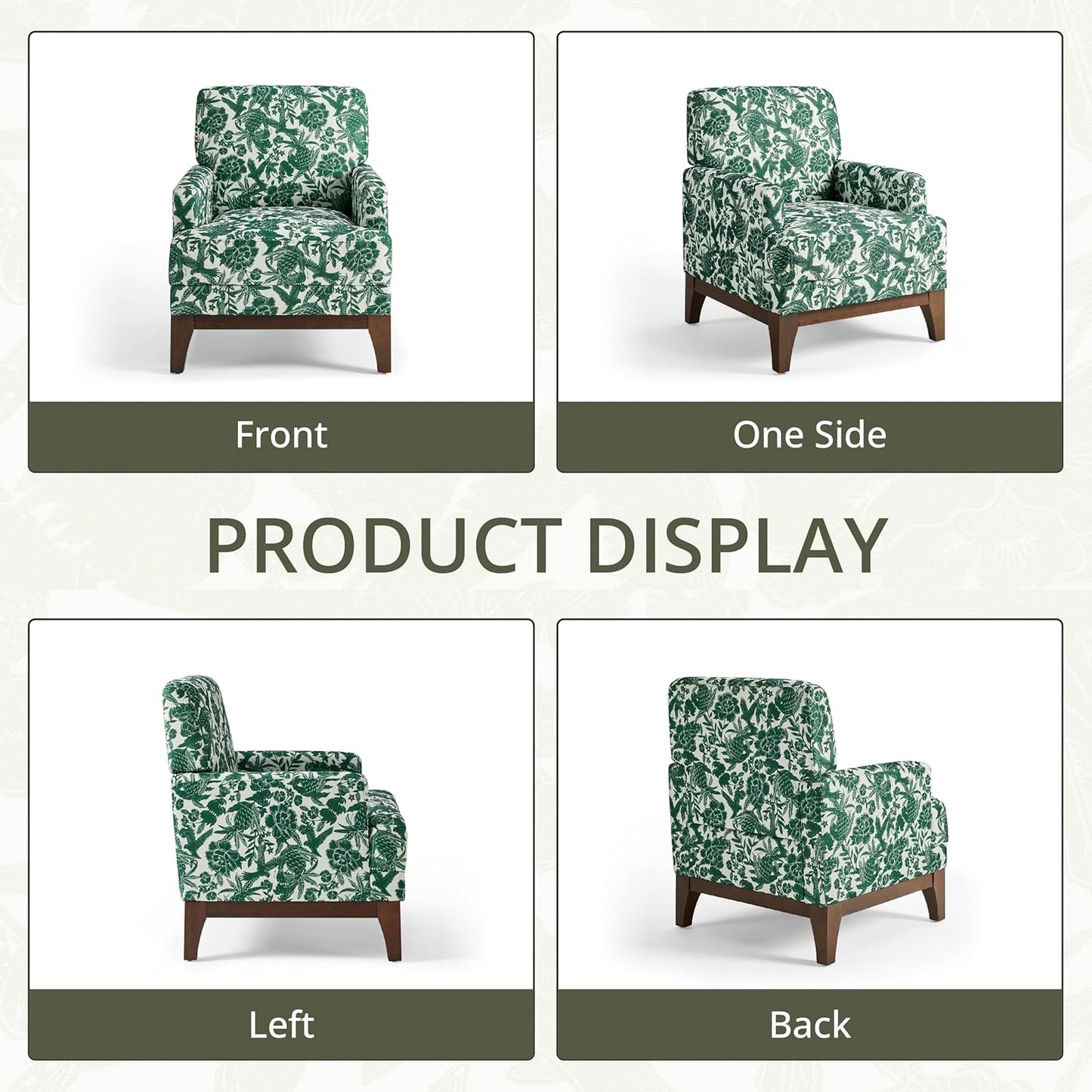 Floral Accent Armchair Set of 2, Retro Wingback Upholstered Armchair with Wide Dipped Back Design and Wooden Legs, High Back Armchair, Leisure Single Sofa Chair for Living Room, Bedroom, Green