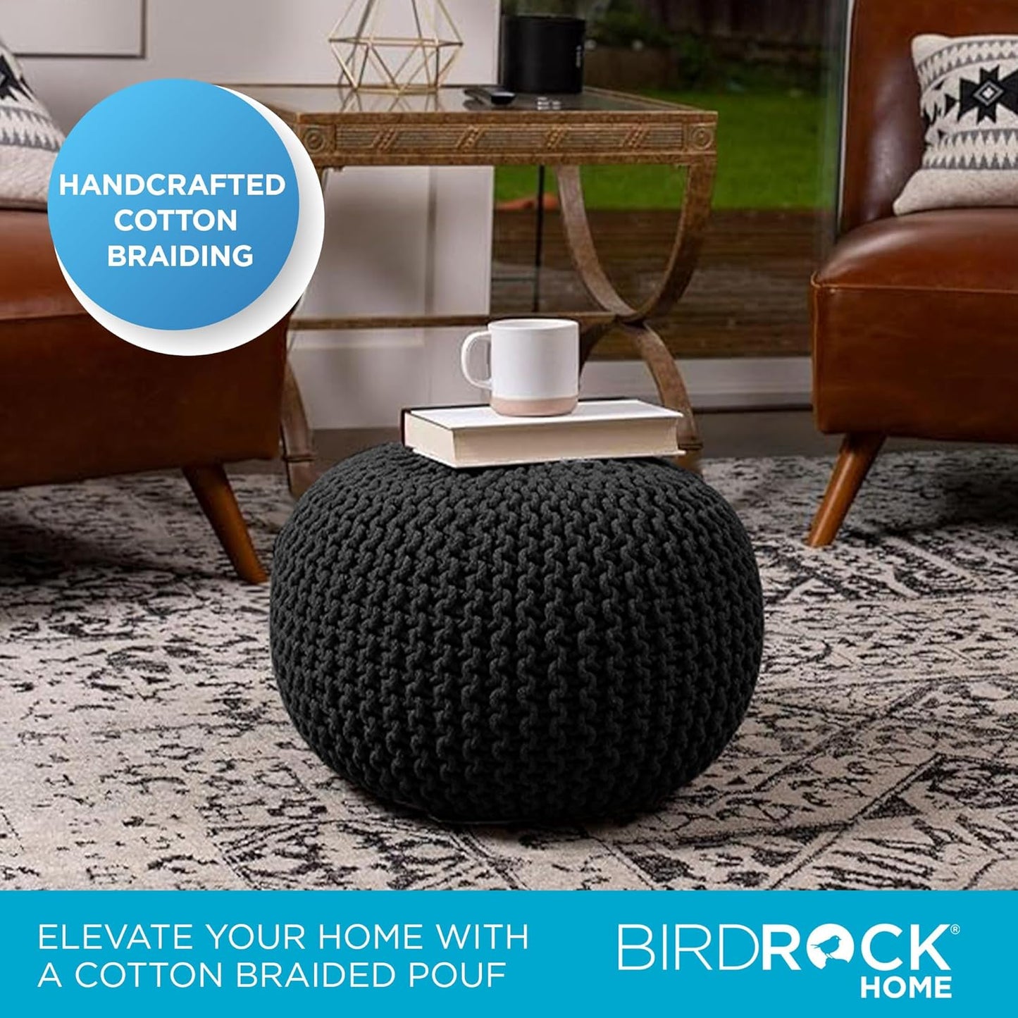 BIRDROCK HOME Round Pouf Ottoman | Cotton Braided Foot Stool with Bean Bag Filling | Boho Foot Rest for Living Room & Bedroom | Compact & Comfortable Seating, Lightweight & Soft | Charcoal