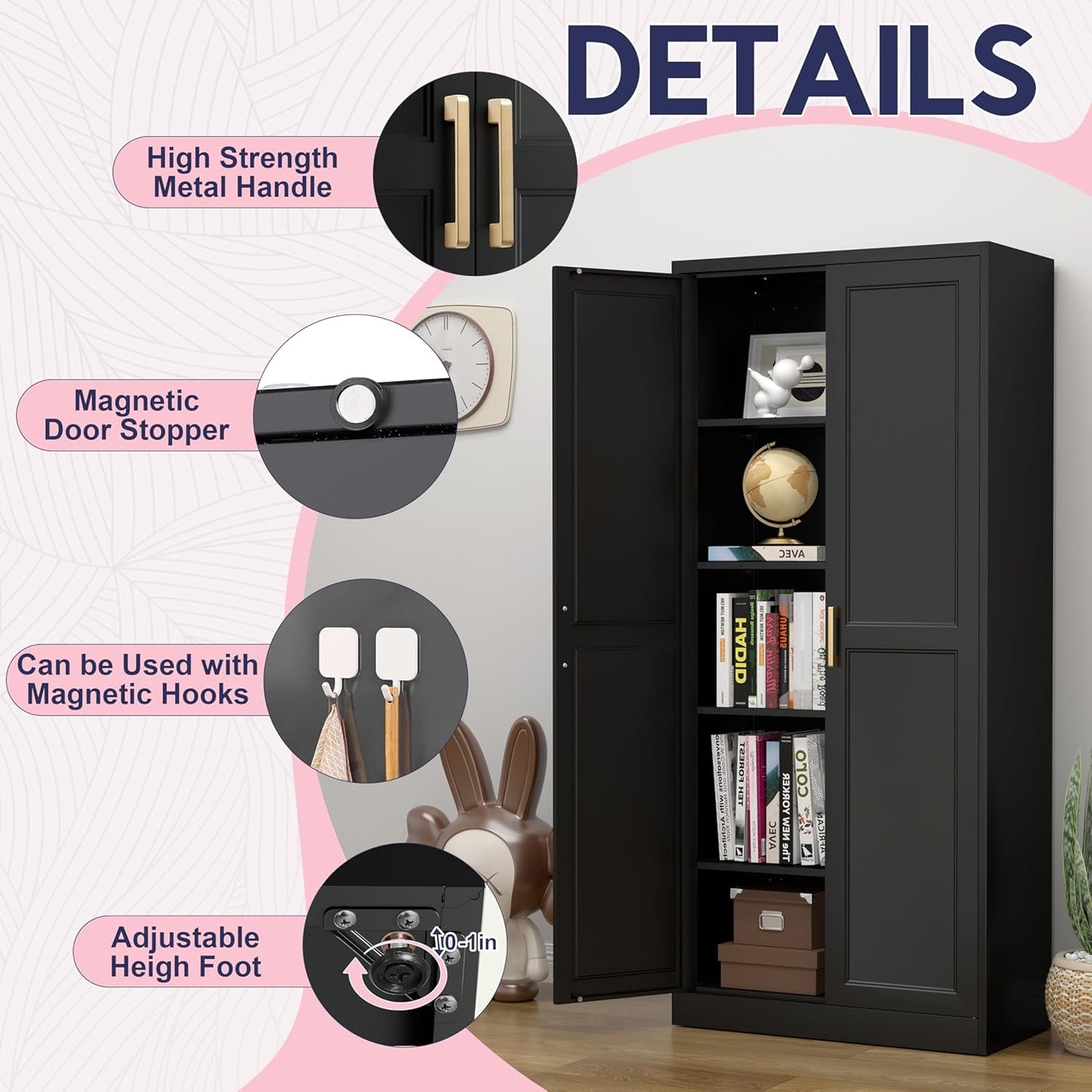 71" Storage Cabinet, Metal Pantry Cabinet, Kitchen Pantry Storage Cabinets with Doors and 4 Shelves for Laundry Room, Living Room, Dinning Room, Assembly Required, Black