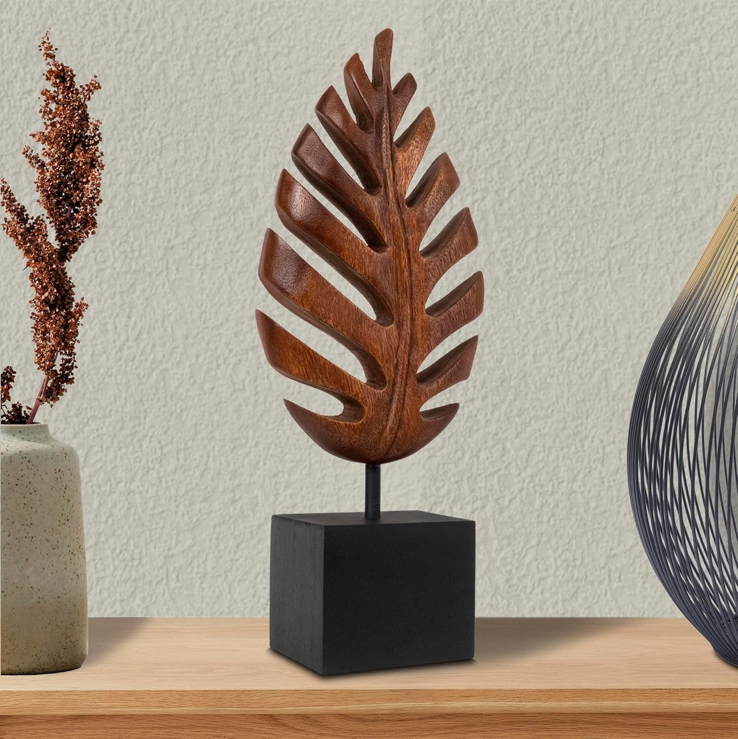 Decozen Wooden Leaf Sculpture - Hand‑Carved Solid Wood Coffee Table Decor and Western Decor Accent for Living Room, Mantel, Bookshelf Centerpiece