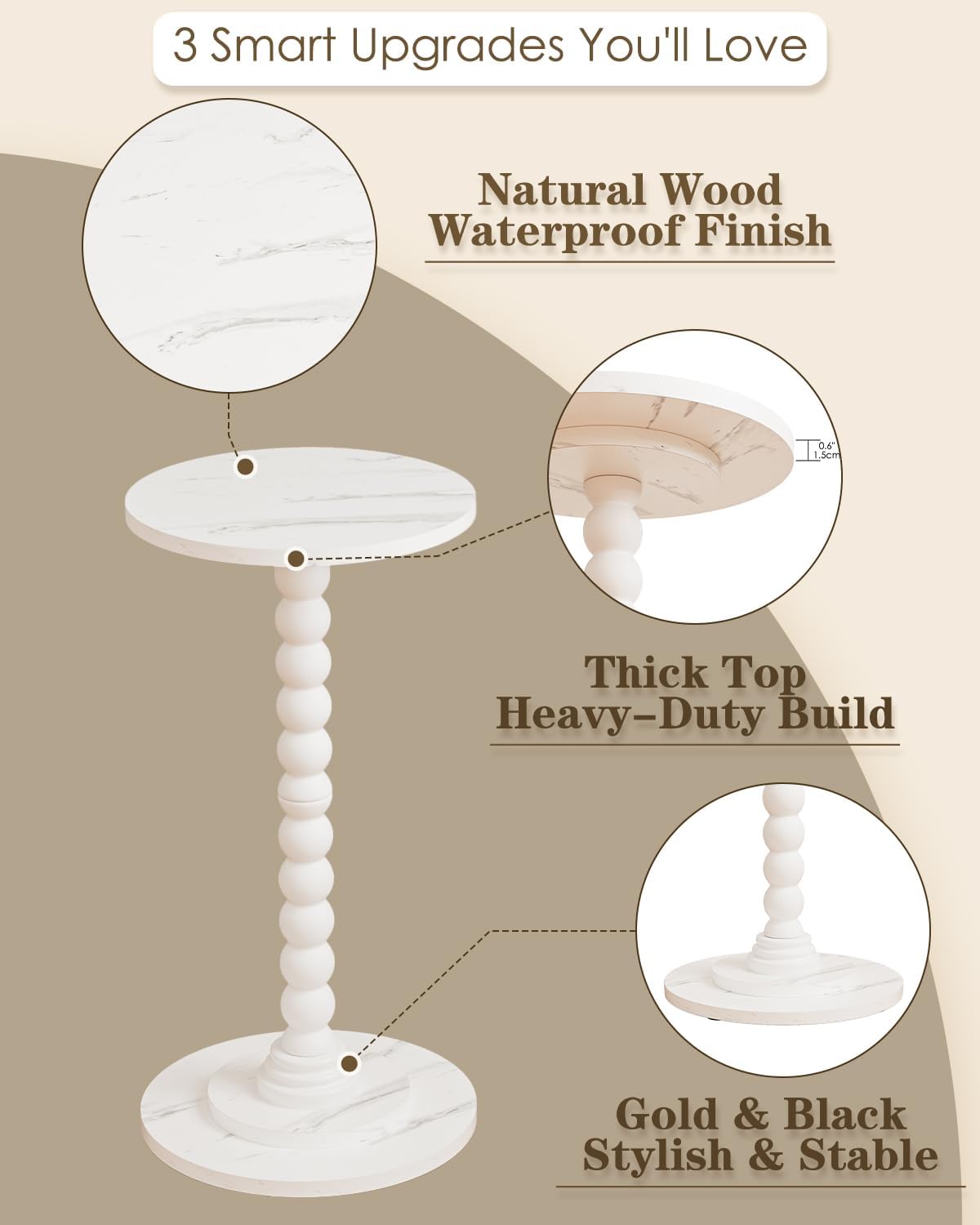 Masupu Round Side Table, Small Drink Table for Small Spaces, Pedestal End Table with Solid Wood Leg for Living Room, Bedroom, Corners(Marble White)