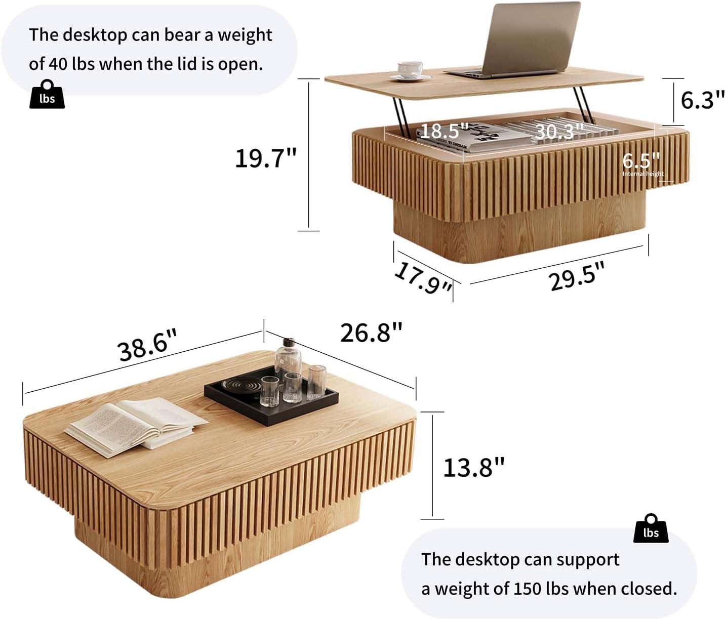 Lift Top Coffee Table with Storage, Solid Wood Coffee Table with Adjustable Height, Fluted Center Table Accent Tea Table for Living Room, Apartment, Office (38.6" Natuall)