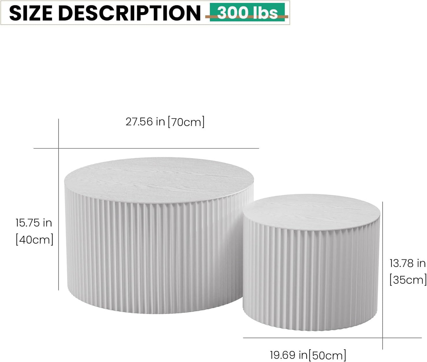 Round Nesting Coffee Table, Drum Wood Coffee Table Set of 2 White, Modern Fluted Nesting Tables Circle Center Table 2 Piece for Small Spaces Living Room Bedroom Balcony Office, No Assembling