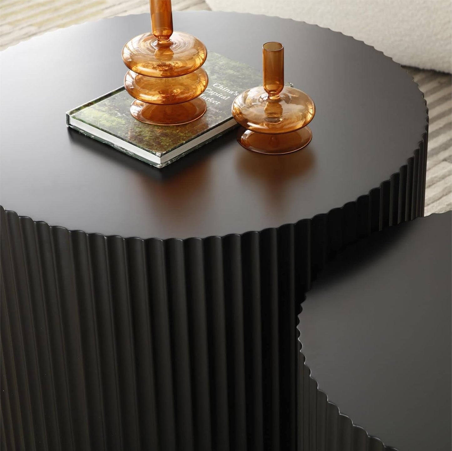 Round Nesting Coffee Table Black Round Fluted Coffee Table Set of 2 for Living Room Small Circle Drum Nested Coffee Tables (Black A 18in)