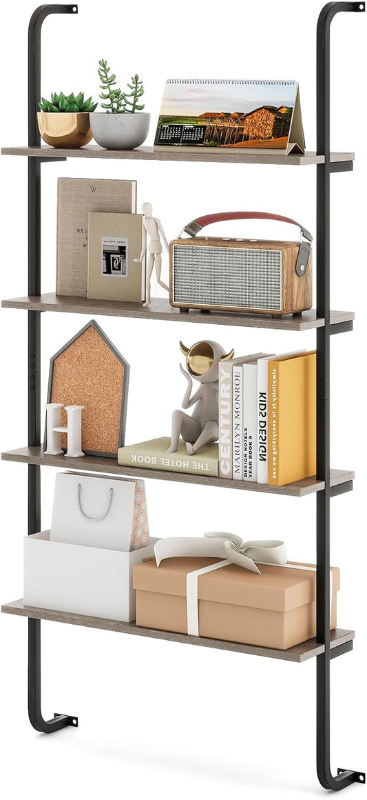Giantex 4-Tier Industrial Bookshelf, Wall Mounted Pipe Shelving Unit, Floating Shelves with Metal Frame, Hanging Wall Display Shelf, Wood Ladder Bookshelf for Living Room, Kitchen,Gray Oak
