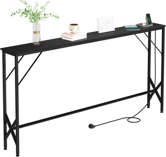 63'' Console Table, Skinny Entryway Table with Fast-Charging Station, Narrow Long Sofa Table, Behind Slim Couch Table for Entrance, Hallway, Living Room Decor ST-BK160-1