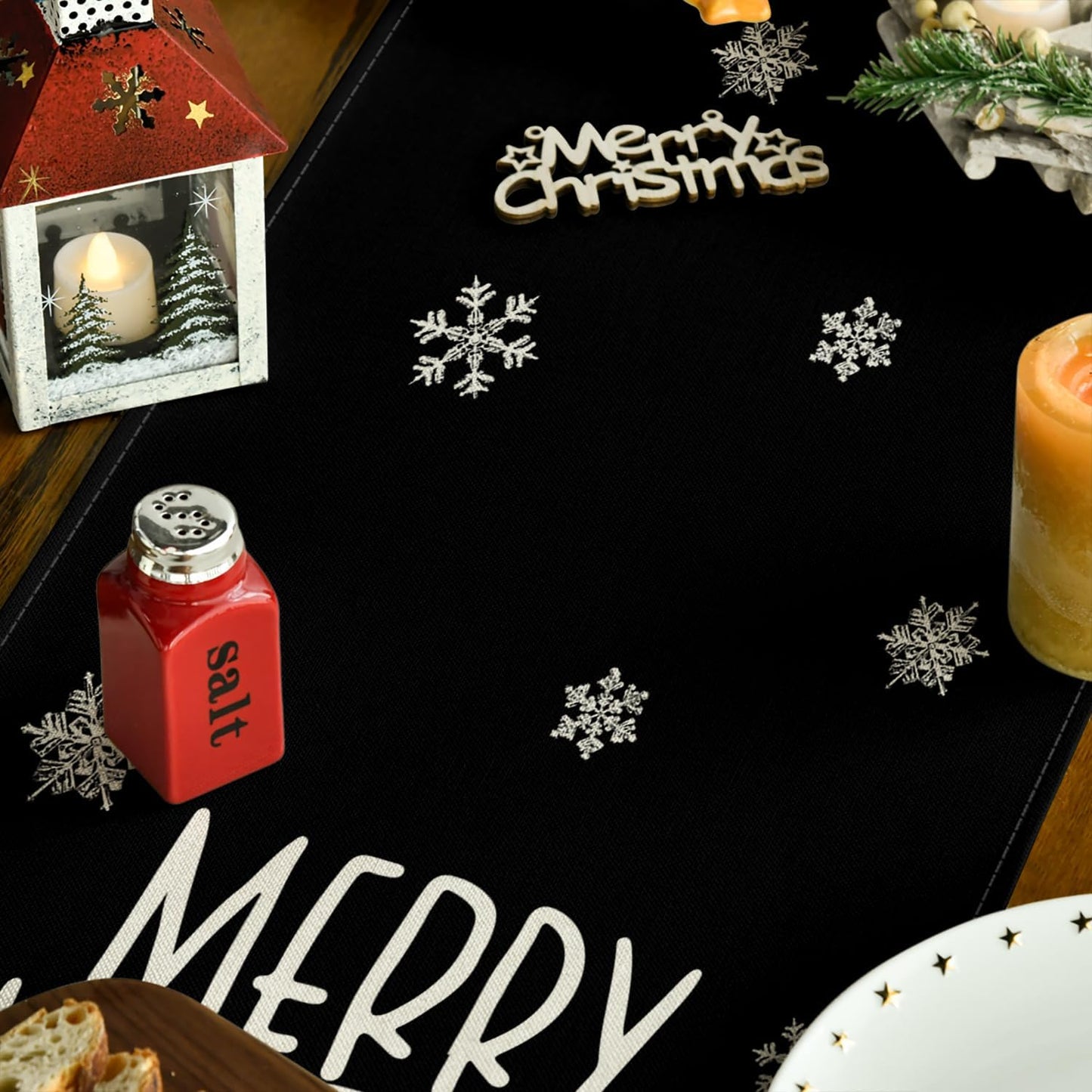 Artoid Mode Xmas Trees Snowflakes Black Merry Christmas Table Runner, Winter Seasonal Kitchen Dining Table Decoration for Home Party Decor 13x72 Inch