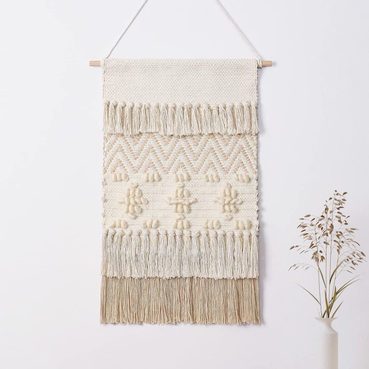 Dremisland Macrame Woven Wall Hanging Home Decor Bohemian Beige Geometric Wave Art Decor with Wool Ball and Tassle-Elegant Apartment Bedroom Dorm Room Door Decoration, 15.7" W x 22" L (Beige Wool Ball)