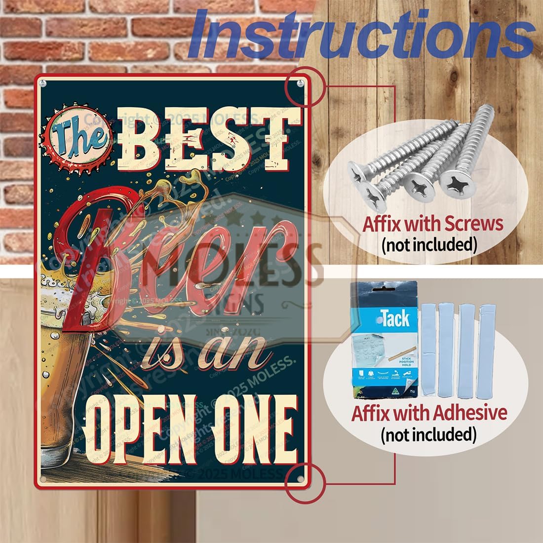 "The Best Beer is an Open One" Funny Bar Sign or Man Cave Decor | 12x8″ Durable Vintage Metal Beer Signs Wall Decorations for Home Bar/Basement/Garage/Mancave, 2347