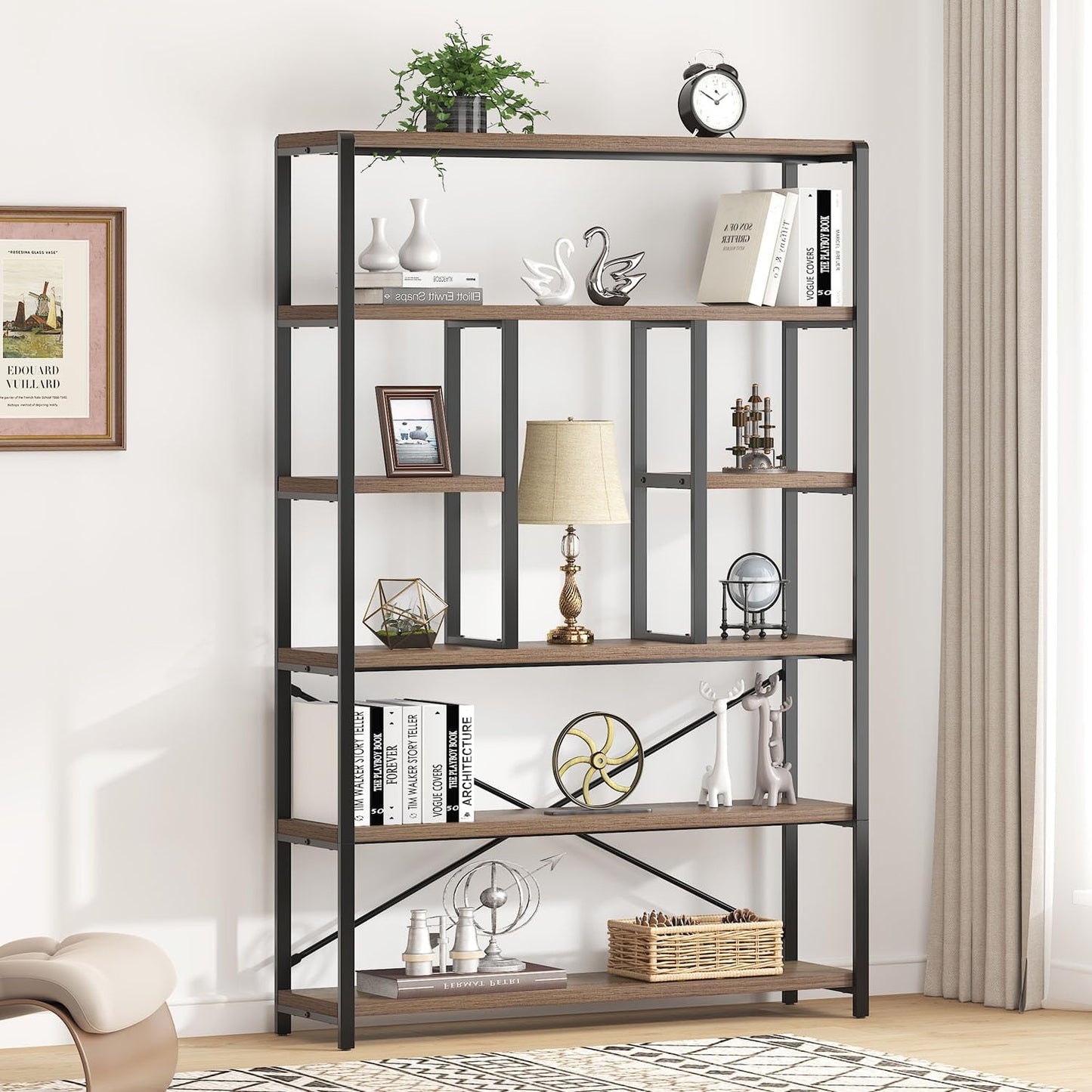 LVB Tall Industrial Etagere Bookcase, Modern Wood Large Open 6 Tier Bookshelf, Vintage Wide Metal Book Shelf Organizer, Farmhouse Book Shelves for Bedroom Living Room Home Office Storage, Rustic Oak