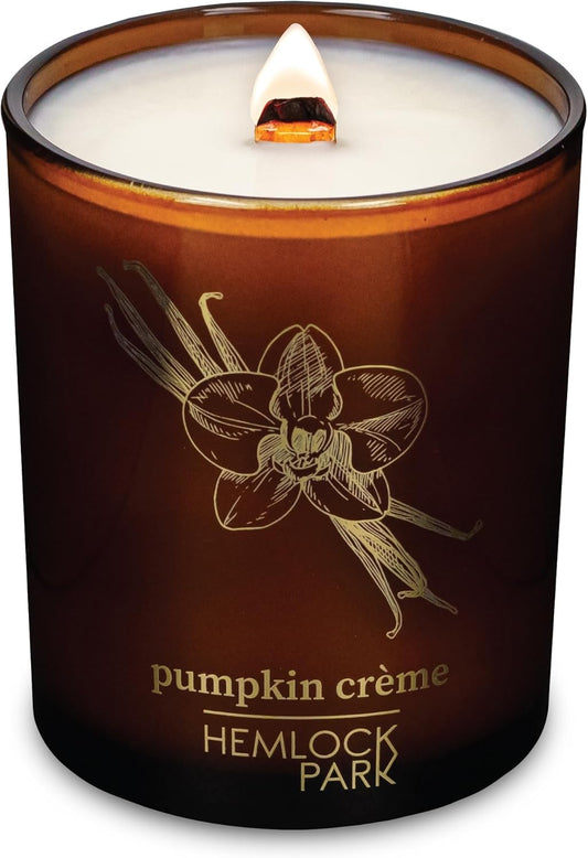 Hemlock Park Wood Wick Candle Handcrafted with Natural Coconut Wax and Essential Oils (Amber & Gold 7.2 oz, Pumpkin Crème)