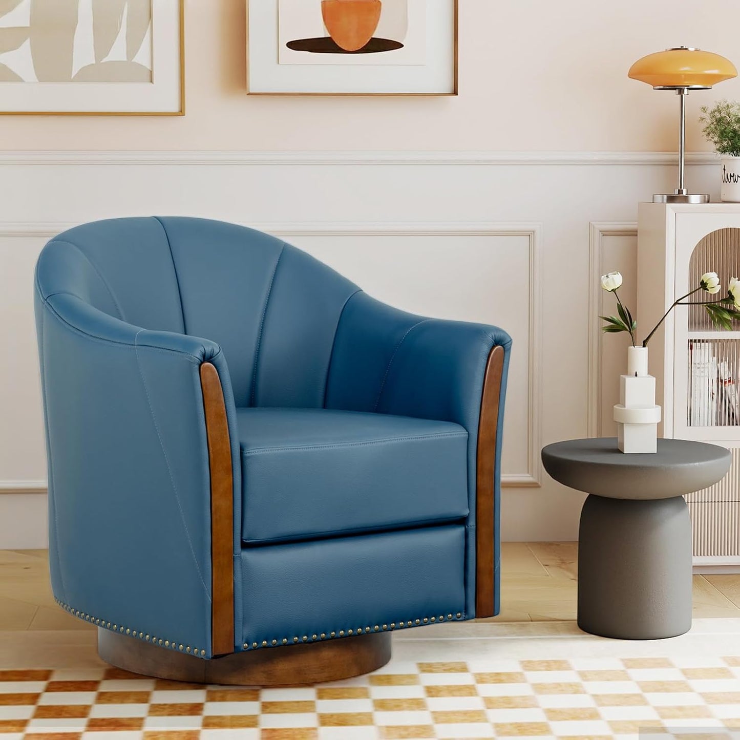 360° Swivel Accent Chair, Modern Leather Barrel Club Chair with Leather Upholstery and Sturdy Wood Base, Comfortable Armchair for Living Room, Bedroom, Reading Nook, Blue