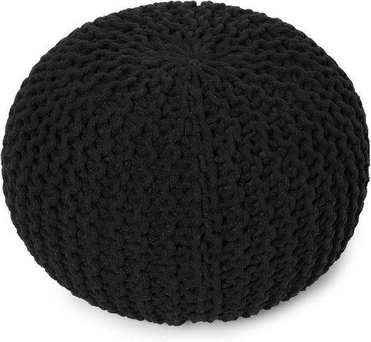 REDEARTH Round Pouf Foot Stool Ottoman - Hand Knitted Bean Bag - Cord Boho Pouffe - Cable Poof Footrest for Living Room - Nursery - Bedroom - Patio - 100% Cotton - Home Decor (19.5"x19.5"x14") - Black