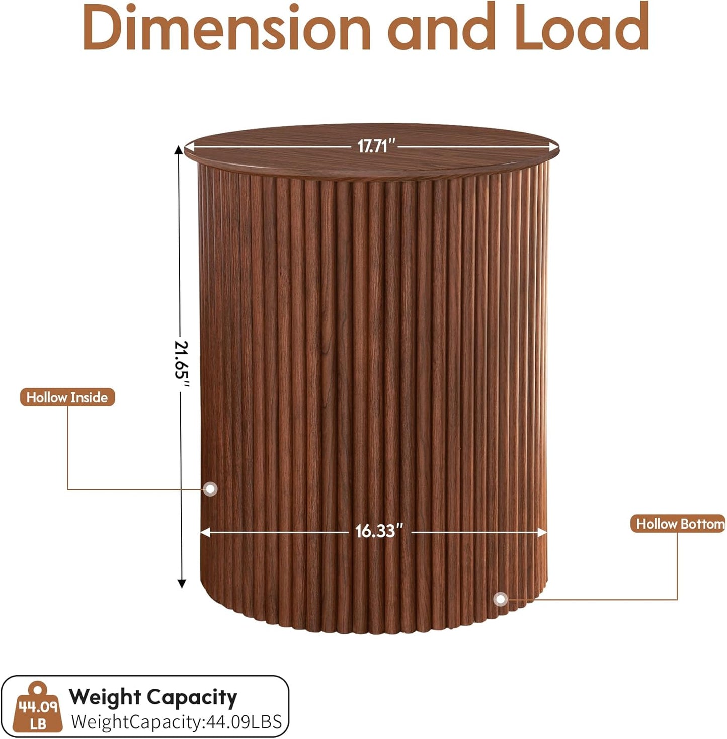 AVZEAR Fluted Round Side Table Small Mid Century End Table, 17.7" Fluted Nightstands Modern Circle Bedside Tables, Wood Night Stand for Small Spaces, Living Room, Bedroom (Rustic Walnut)
