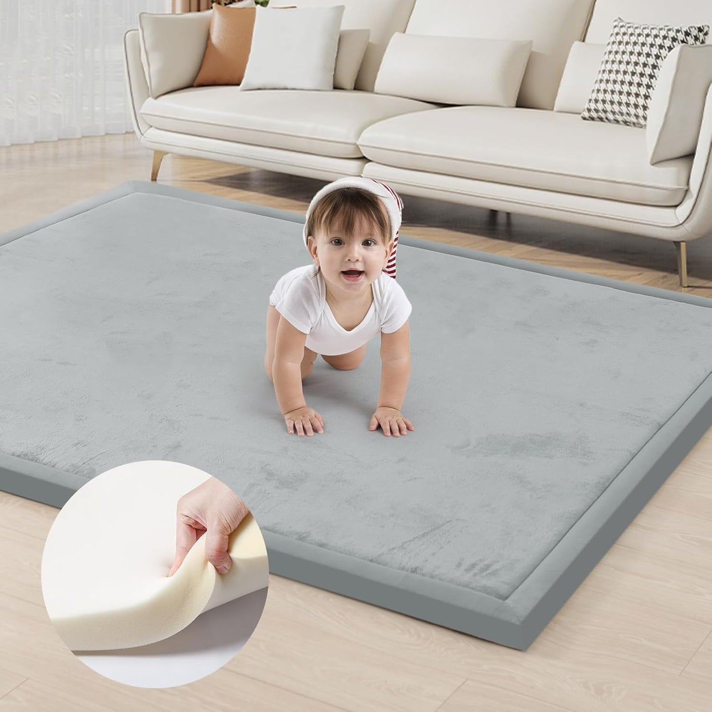 ACOMOPACK Baby Play Mat for Floor 1.3" Thick Memory Foam Play Mat 59"×71" Tummy Time Crawling with Non-Slip Bottom for Living Room,Nursery,Soft Velvet Playpen Mats for Kids,Infants（Light Grey）