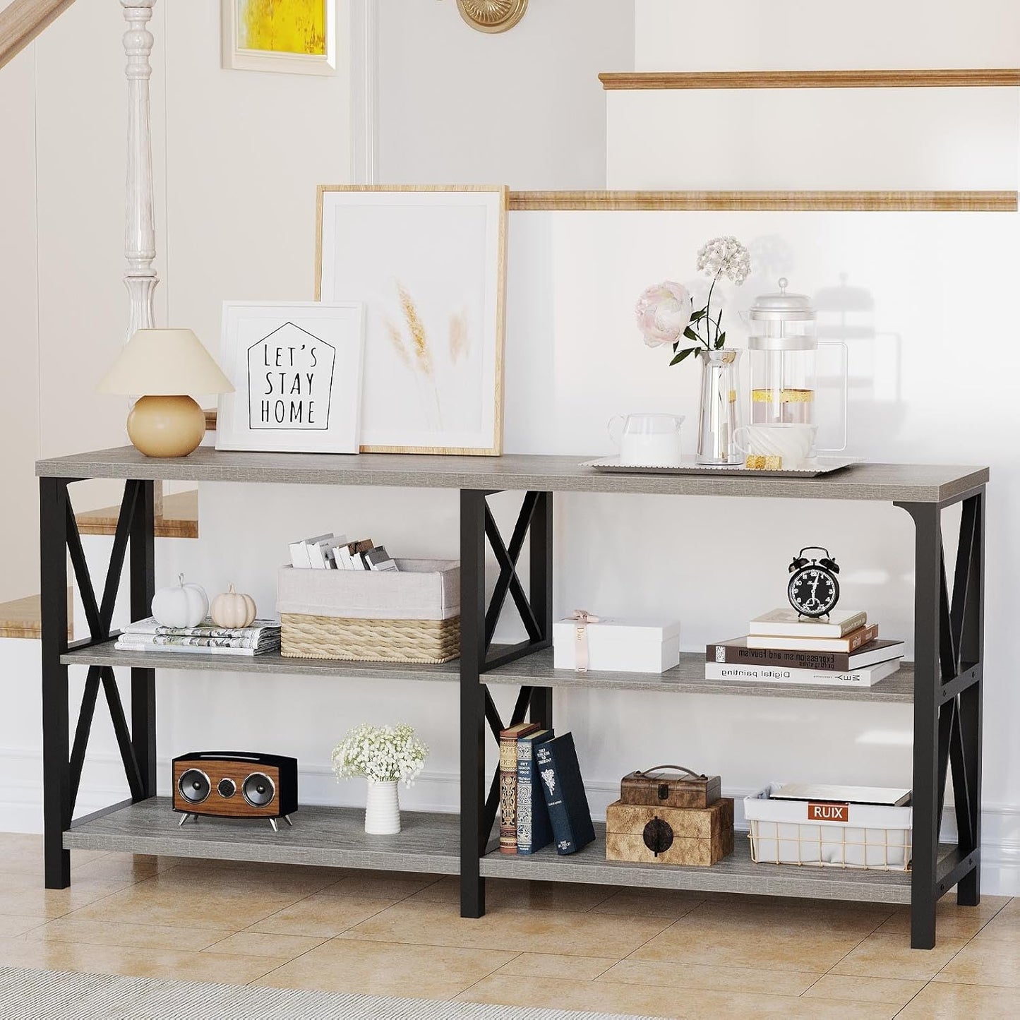 LVB Industrial Entryway Table, Farmhouse Rustic Console Table Behind Couch, Long Metal Wooden Sofa Table with Storage Shelf, Modern Foyer Hallway for Living Room Bedroom, Light Grey Oak, 63 in