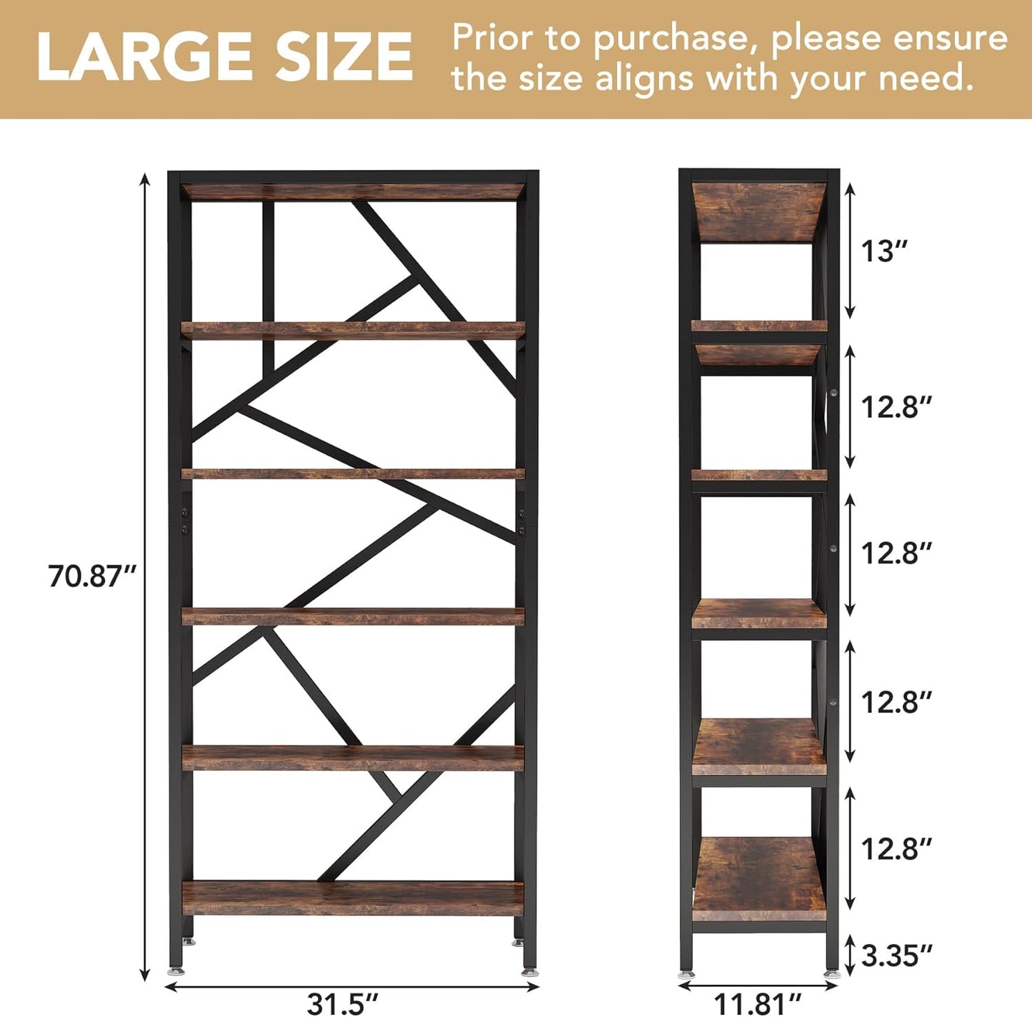 Tribesigns 71 Inch Industrial Bookshelf, 6 Shelf Etagere Bookcase, Free Standing Open Book Shelves Storage Display Shelf, Wood Shelving Units Organizer Rack for Bedroom Home Office Living Room