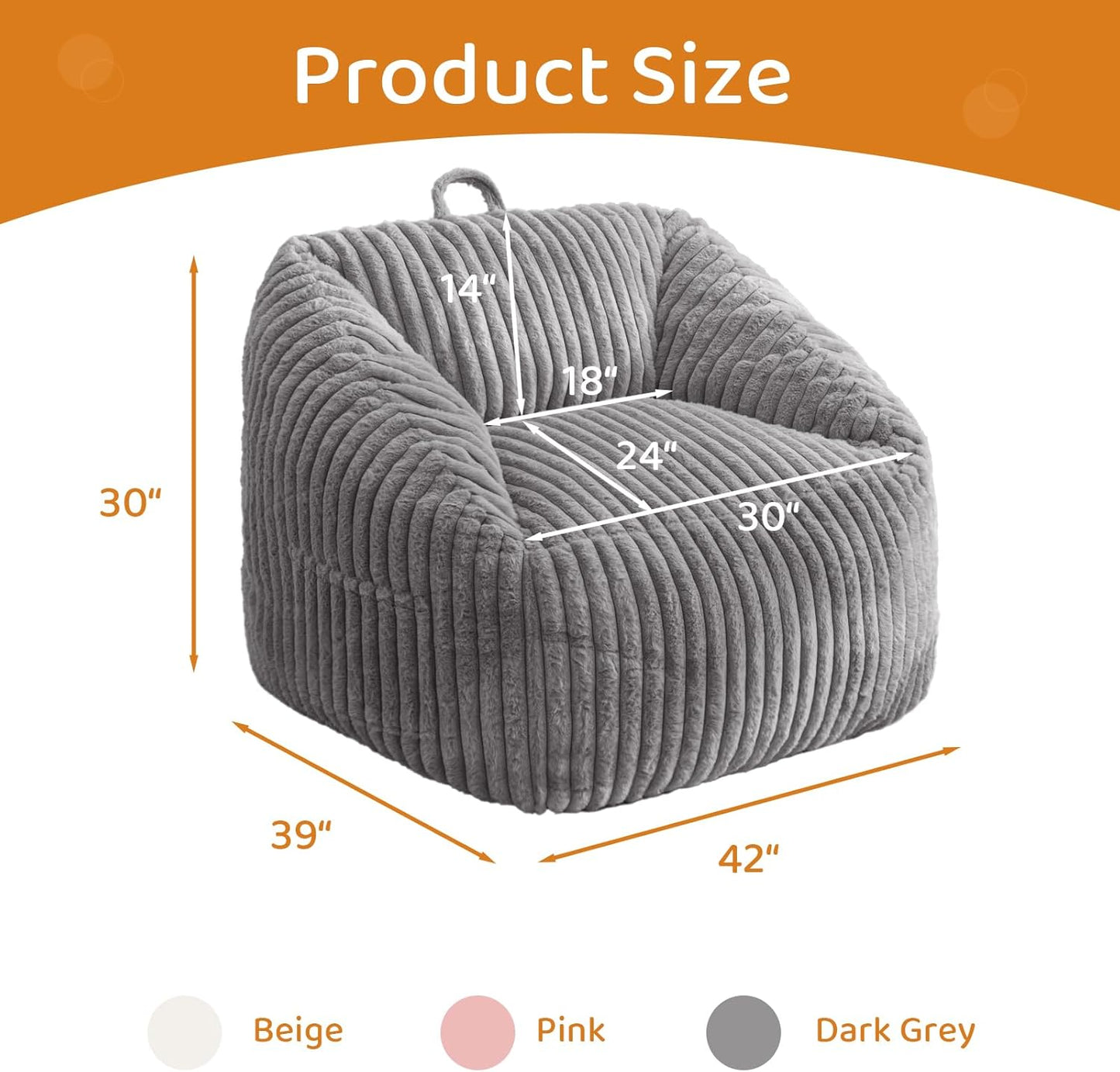 BYBYME Giant Bean Bag Chair for Adults and Kids, Large Comfy Cozy Beanbag, Floor Sofa for Teens, Living Room, Gaming, Reading, Grey