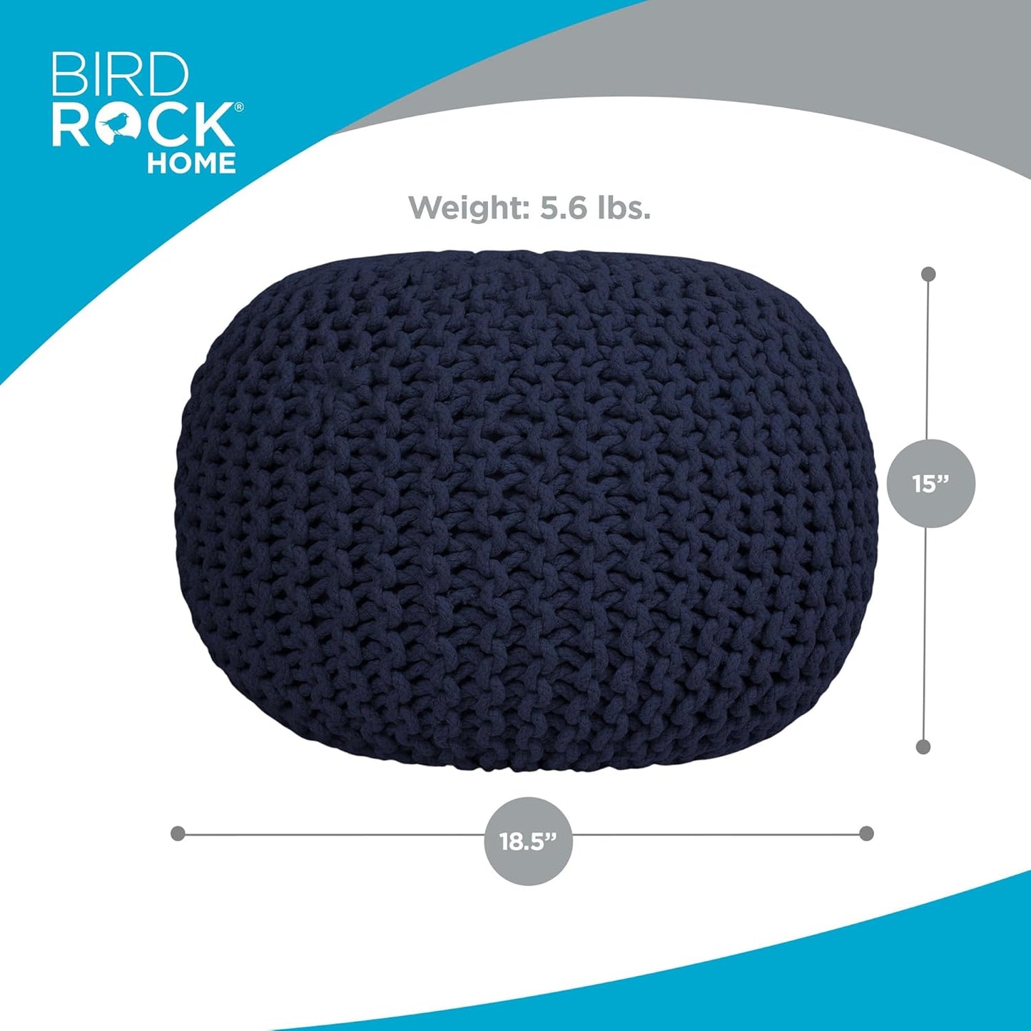 BIRDROCK HOME Round Pouf Ottoman | Cotton Braided Foot Stool with Bean Bag Filling | Boho Foot Rest for Living Room & Bedroom | Compact & Comfortable Seating, Lightweight & Soft | Navy