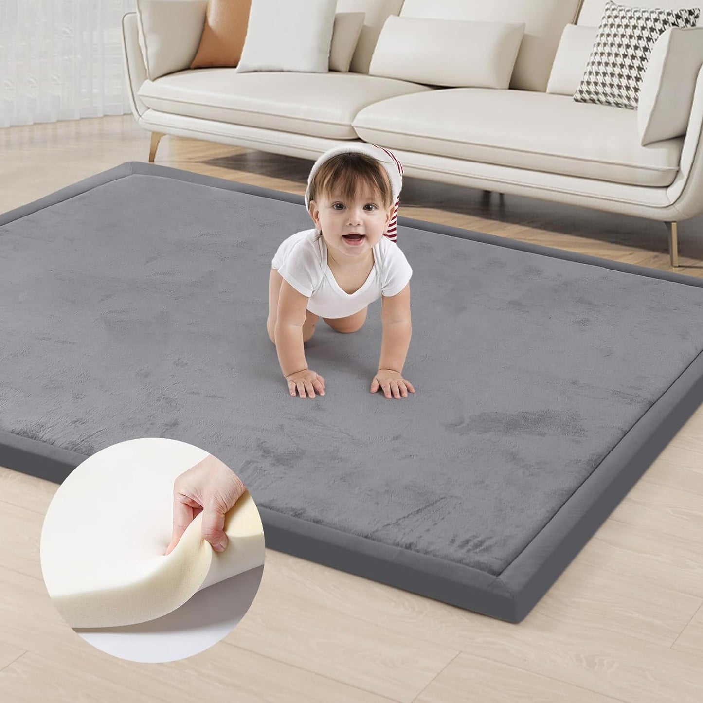 ACOMOPACK Baby Play Mat for Floor 1.3" Thick Memory Foam Play Mat 71"×79" Tummy Time Crawling with Non-Slip Bottom for Living Room,Nursery,Soft Velvet Playpen Mats for Kids,Infants（Dark Grey）