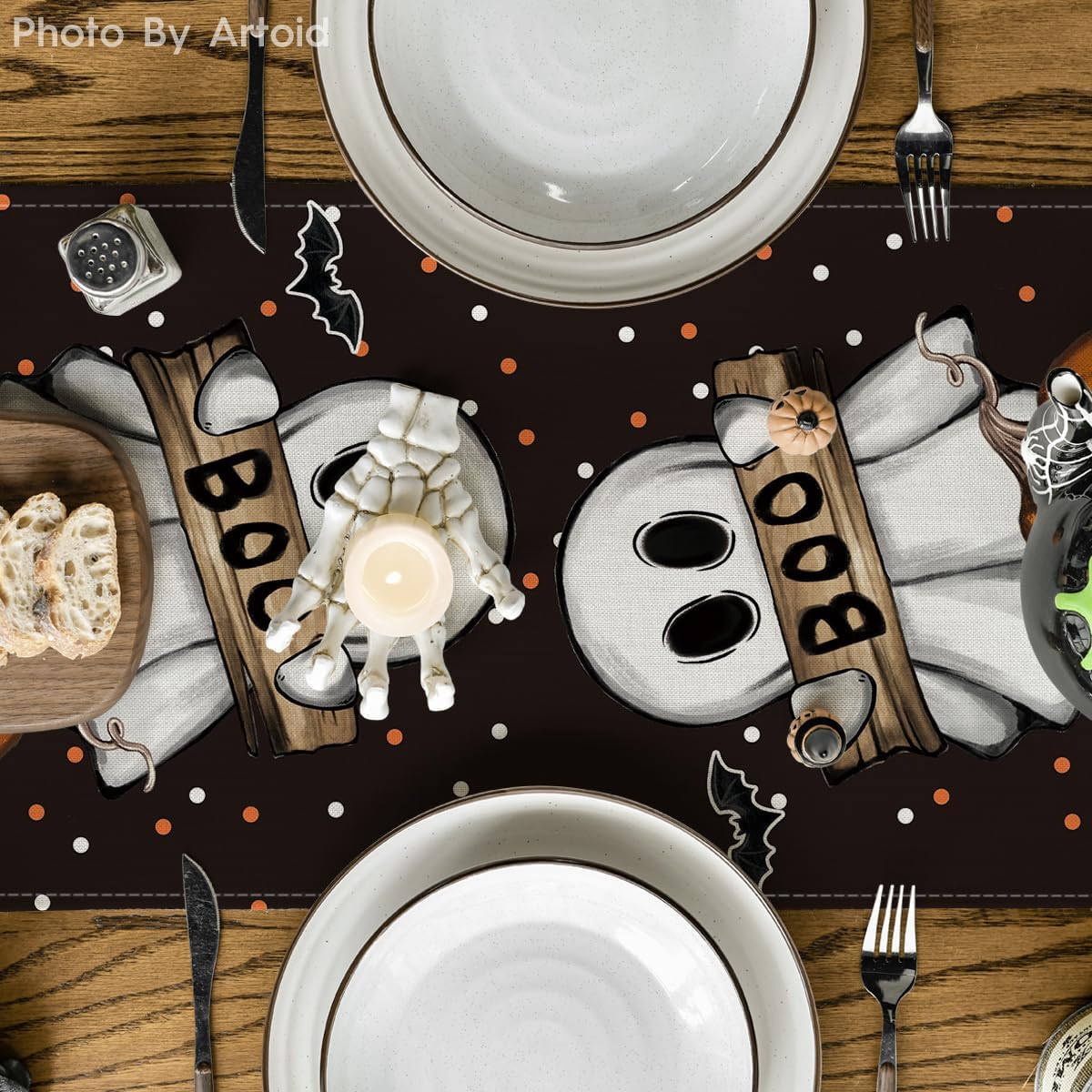 Artoid Mode Polka Dot Ghost Pumpkin Cat Boo Halloween Table Runner, Bat Seasonal Fall Kitchen Dining Table Decoration for Home Party Decor 13x48 Inch