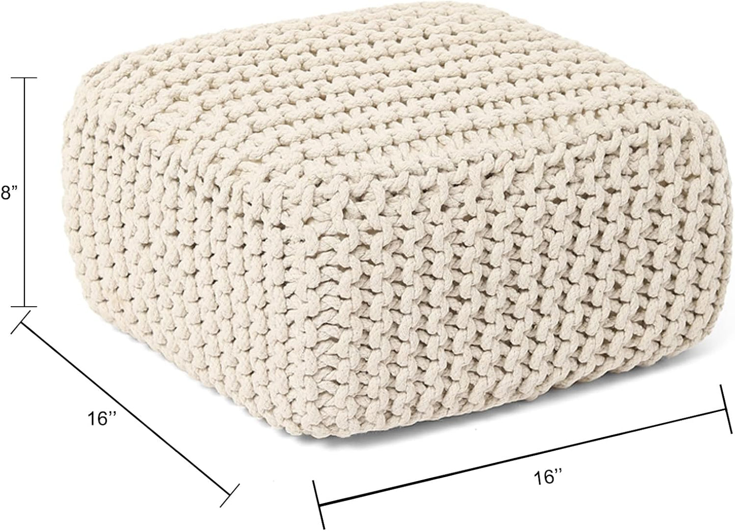 REDEARTH · Cube Low Pouf Foot Stool Ottoman - Hand Knitted Poof - Cord Boho Pouffe - Home Décor - Stuffed Footrest for Living Room - Nursery - Bedroom - Covered Patio - Room (16" x 16" x 8") - Ivory