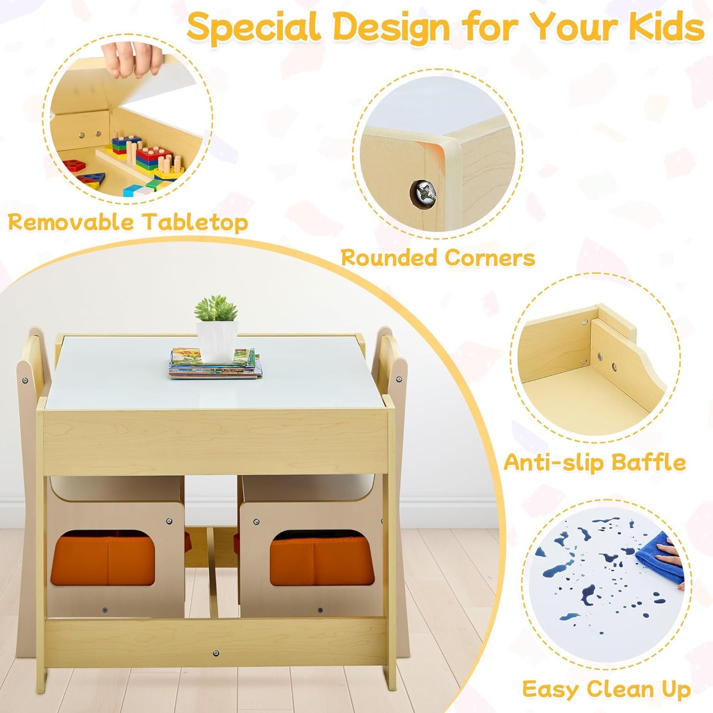 Kids Table and Chair Set, 3 in 1 Wooden Activity Table with Detachable Tabletop, Toddler Table and Chair Set with Storage Drawer, Kids Play Table for Children Art, Craft, Eating, Learning