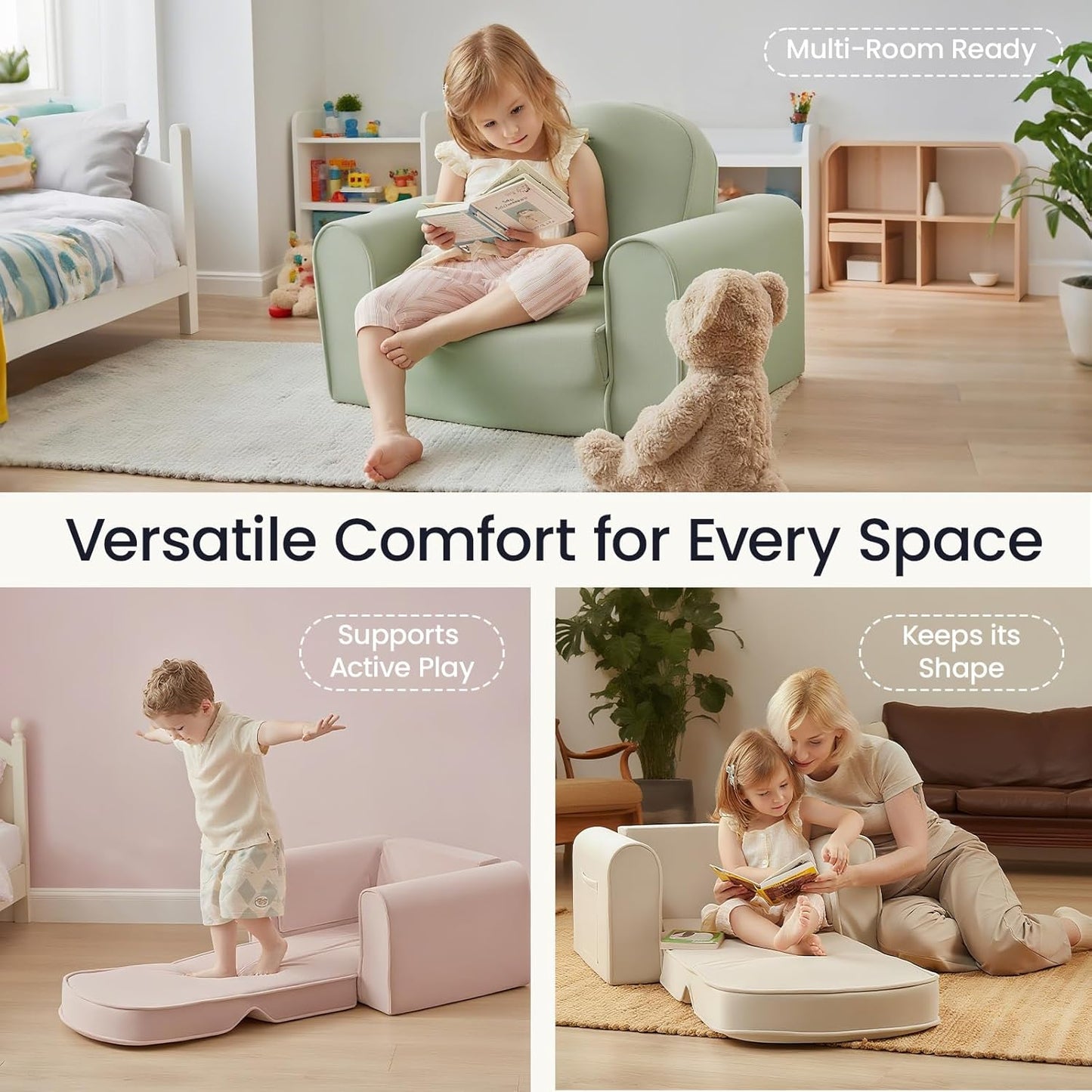 Tiny Land 2-in-1 Foldable Kids Couch with Pockets – Soft Thick Toddler Sofa, Lounger Couch, Convertible Kids Chair for Playroom, Bedroom or Living Room, Gift for Boys & Girls(Beige)