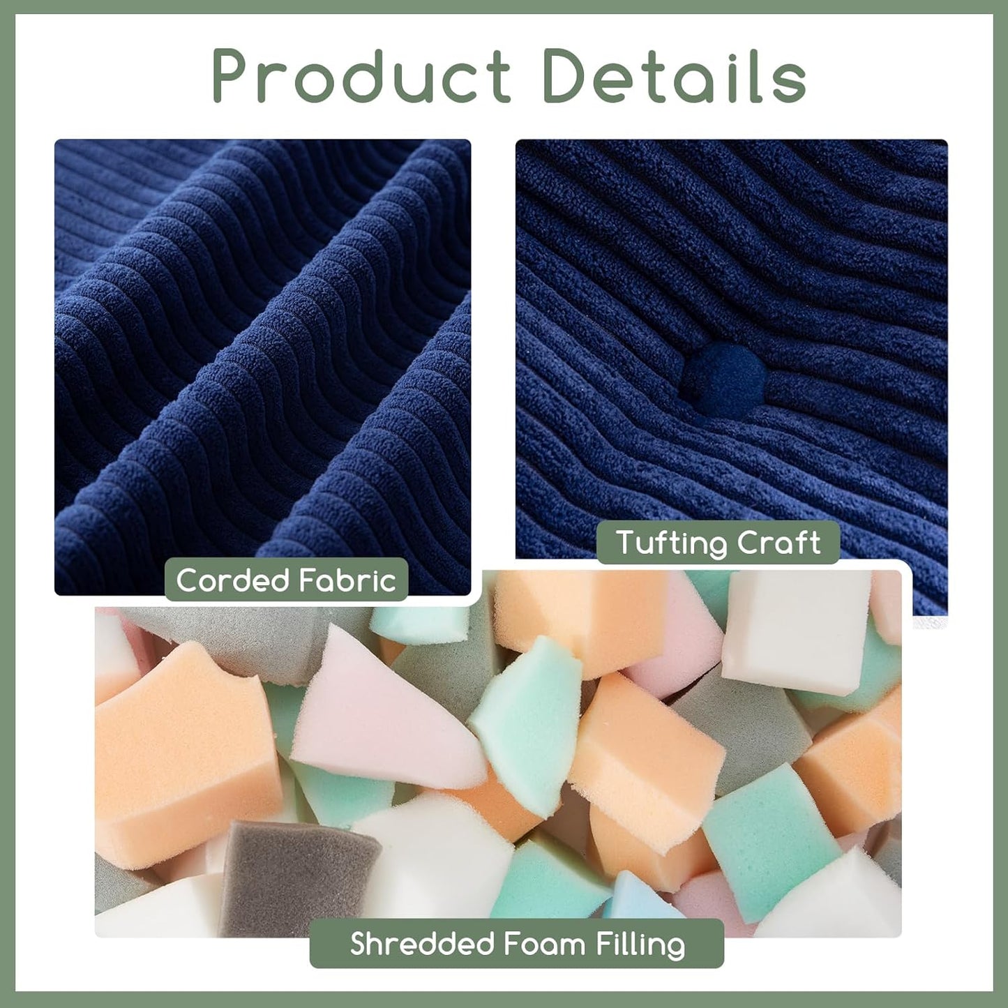 HIGOGOGO Square Stuffed Pouf Ottoman, Corduroy Poufs with Foam Chunk Filling, Furry and Fluffy Pouf Foot Stool Storage Ottoman, 25.6 X 25.6 Floor Poufs Foot Rest for Living Room, Navy