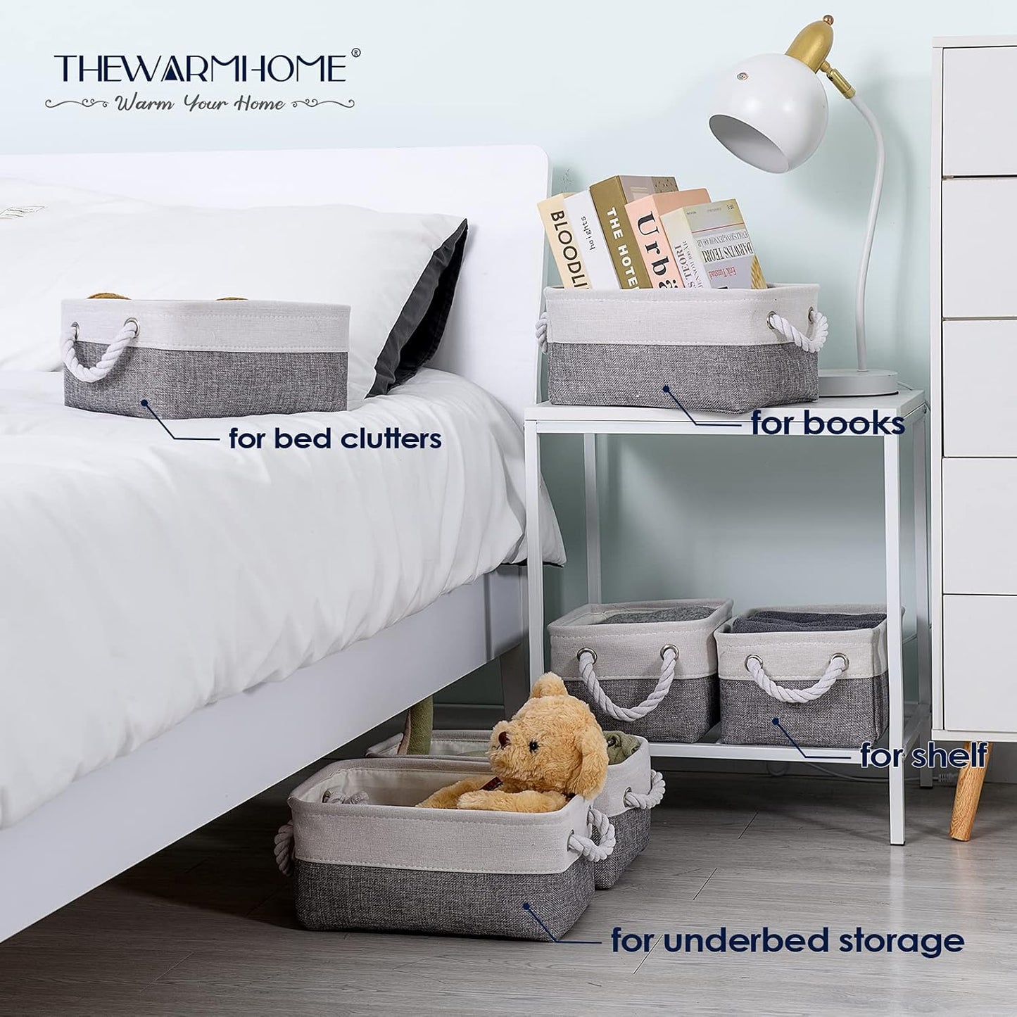 TheWarmHome Small Storage Baskets for Organizing,Storage Baskets for Shelves,Small Fabric Storage Bins W/Handles For Closet Nursery Toy Decorative Foldable (White&Grey, 11.8L*7.9W*5.2H-6 Pack)