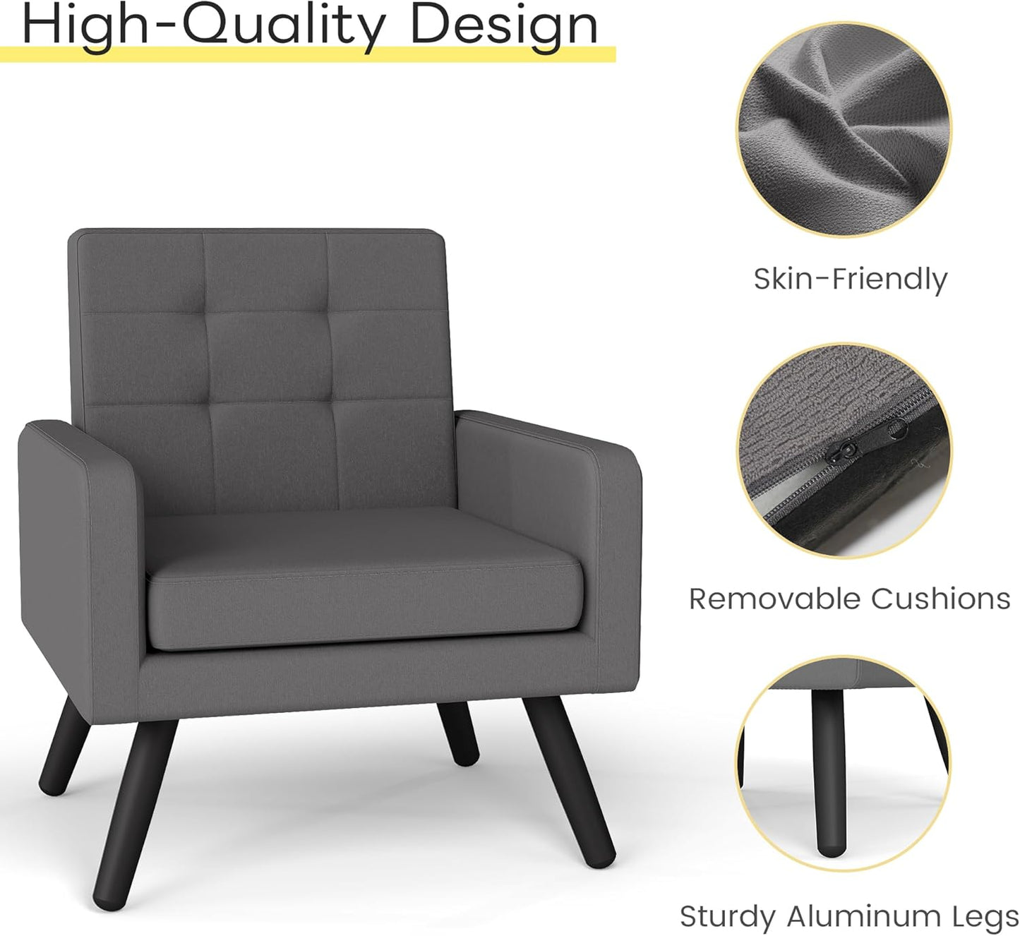Kromax Mid-Century Modern Accent Chair for Living Room, 496 Lb. Weight Capacity, Dual Armrests, Comfy Extra Large Seat, Timeless Style Perfect for Reading & Relaxing, Dark Grey