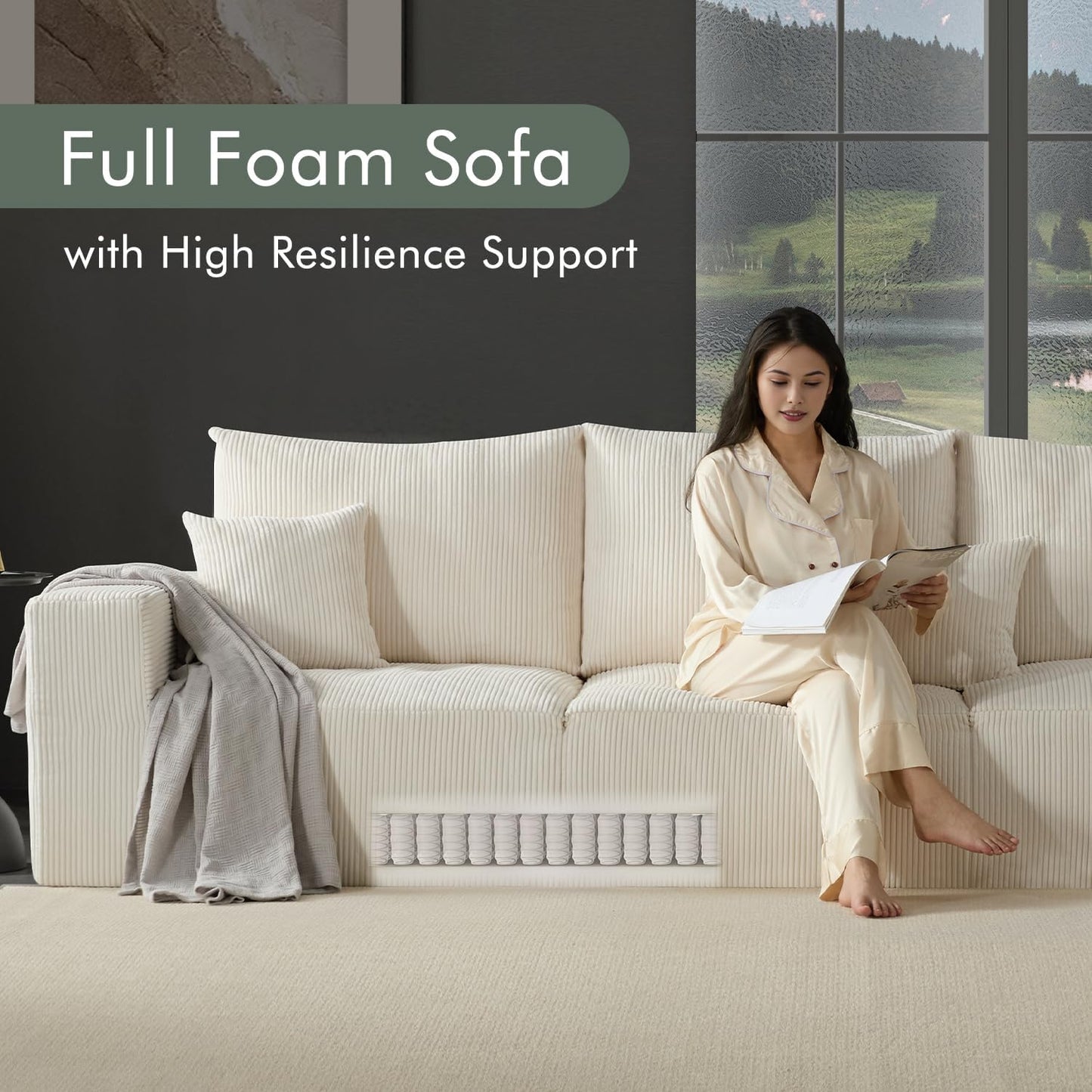 Boneless Sectional Cloud Couch Sofa Bed for Living Room, 112" Modular Modern Lounge 3 Seater Sleeper Beige Couches with Chaise, No Assemble, Cordury Compression Upholstered Sofas