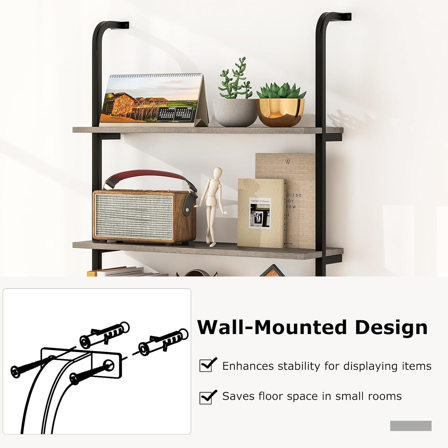 Giantex 4-Tier Industrial Bookshelf, Wall Mounted Pipe Shelving Unit, Floating Shelves with Metal Frame, Hanging Wall Display Shelf, Wood Ladder Bookshelf for Living Room, Kitchen,Gray Oak