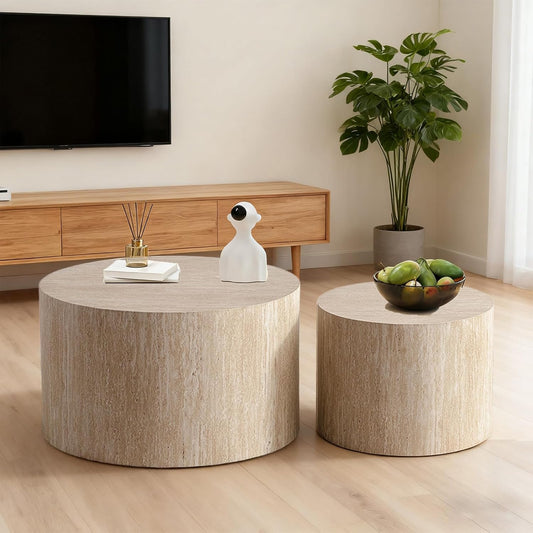 Round Nesting Coffee Table Set of 2 Modern Round Fluted Coffee Table Small Circle Coffee Tables Circular Side Table End Table Nested Coffee Tables for Living Room (Travertine 26in)