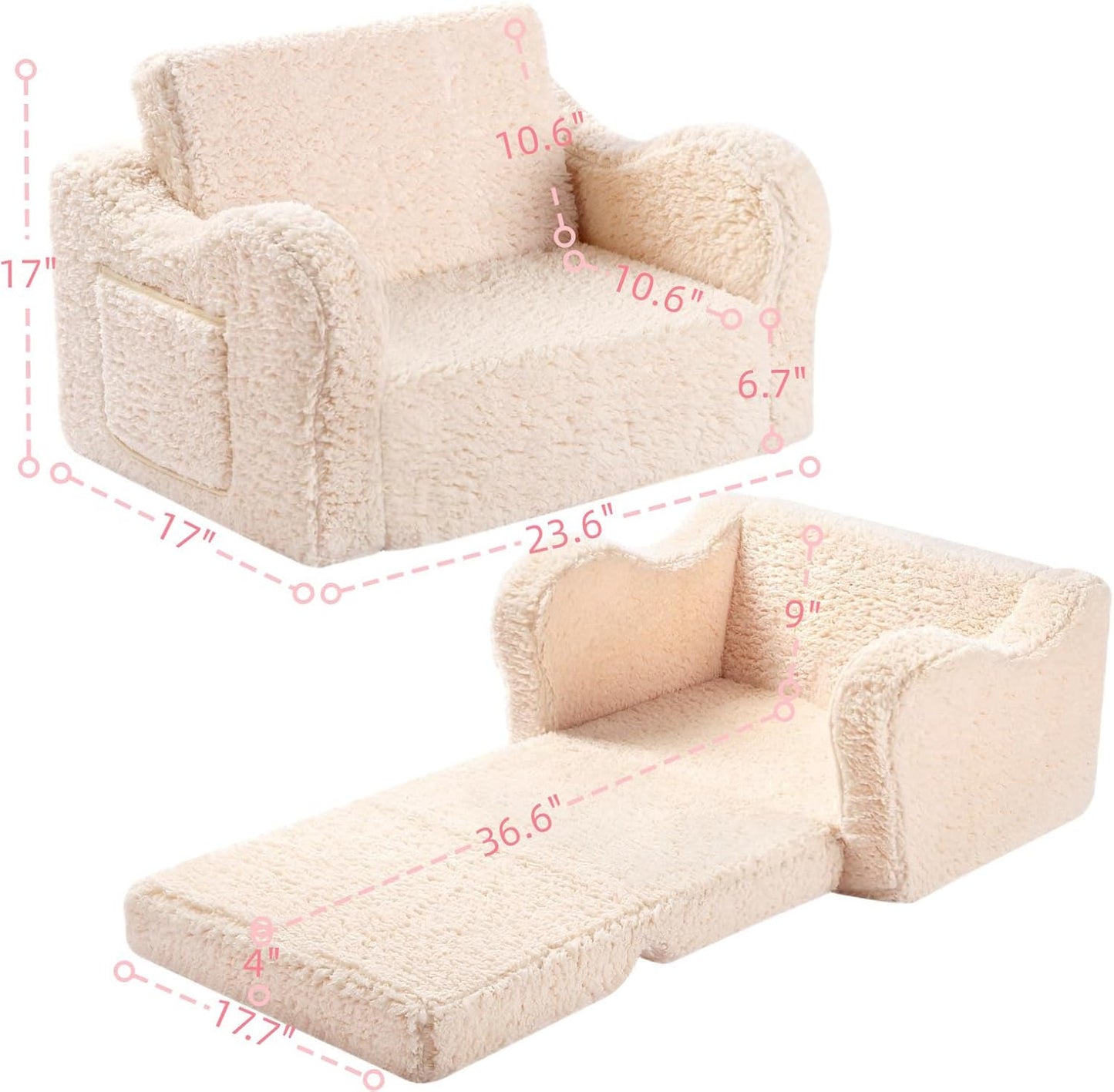 Kids Chairs for Toddler, 2-in-1 Toddler Soft Sherpa Couch Fold Out, Convertible Sofa to Lounger for Girls and Boys, Cream