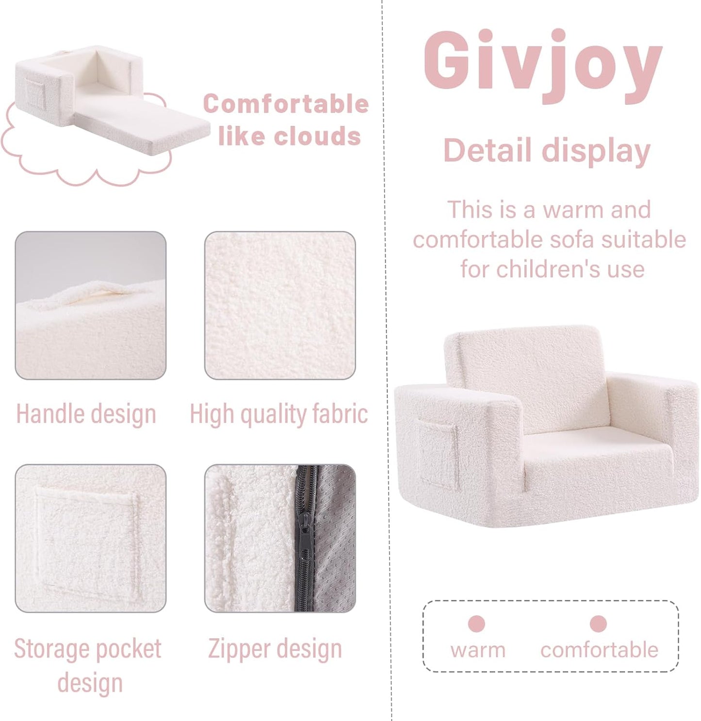 Toddler Chair Sherpa Kids Couch, 2-in-1 Soft Kids Sofa Lounger for Bedroom, Convertible Couch for Girls and Boys, Reading Chair, Beige