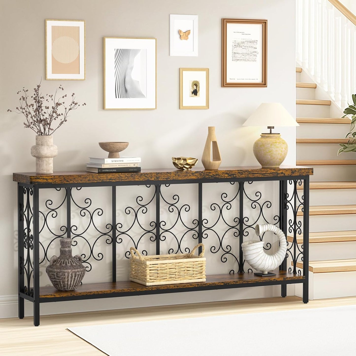 ikkle 70.9" Extra Long Console Table, Industrial Narrow Sofa Table Behind Couch with 2 Tier Storage Shelf, Entryway Hallway Accent Table for Living Room, Foyer, Rustic Brown