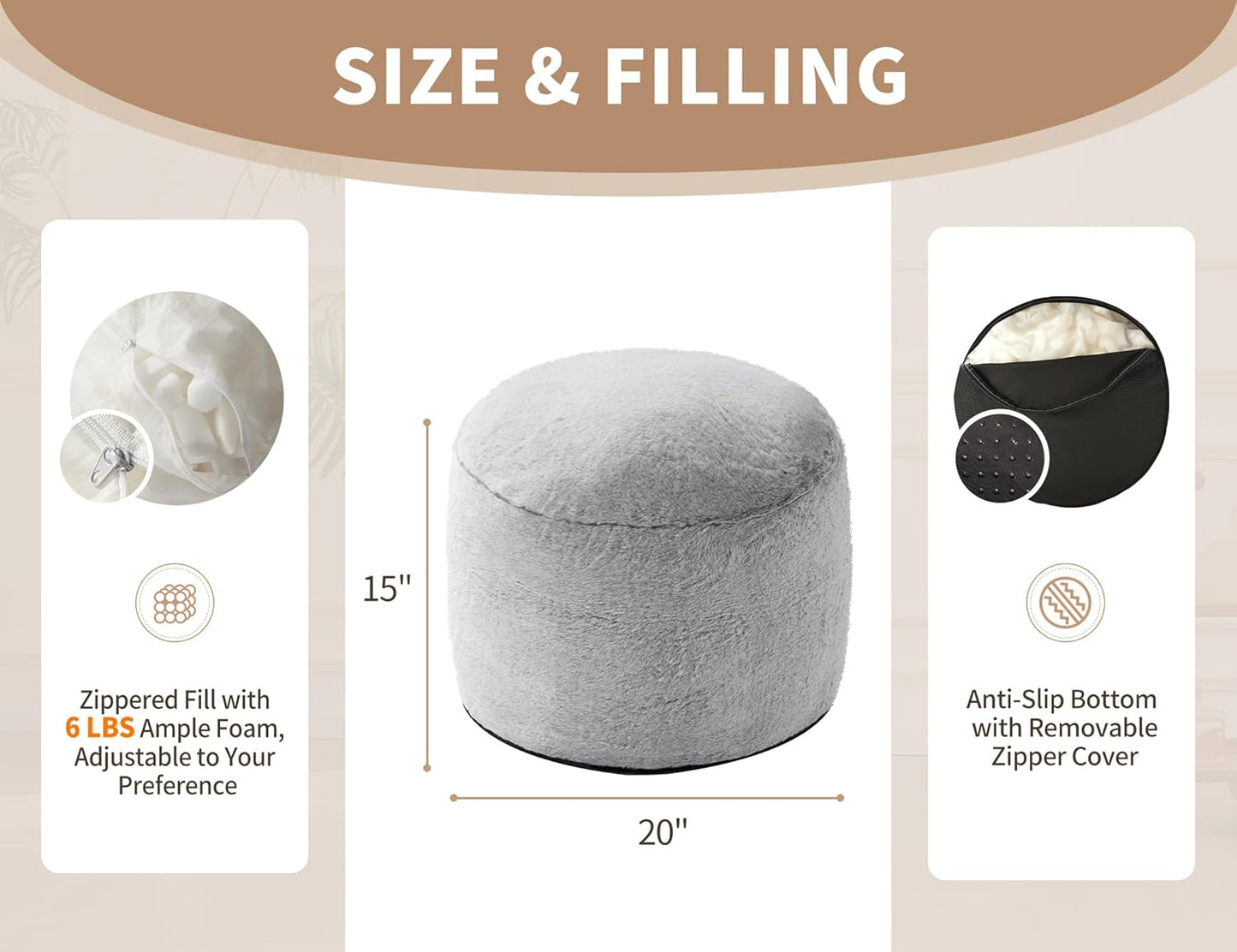 Boho Ottoman Living Room Furniture 20"x15" Large Round Ottomans Pouf Couch Foot Rest Grey Pouf Ottoman Foot Rest with Foam Chunk Filling Pouffe Ottomans Stuffed Foot Rest Poufs for Couch