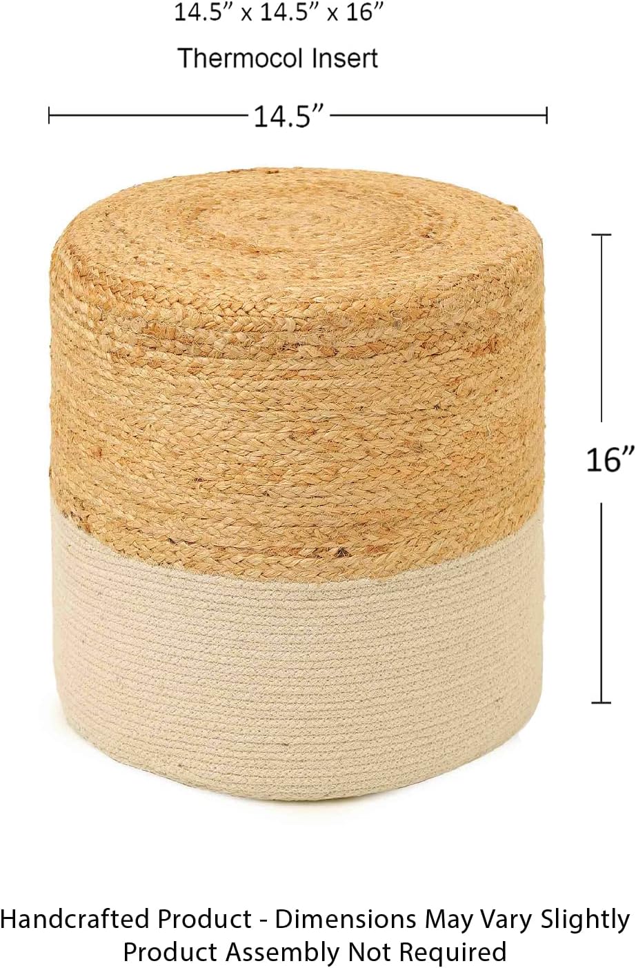 REDEARTH · Cylindrical Pouf Foot Stool Ottoman - Jute Braided Accent Sitting Footrest for The Living Room, Bedroom, Nursery, Patio, Lounge & Other Rooms in The Home (14.5”x14.5”x16”; Natural Ivory)