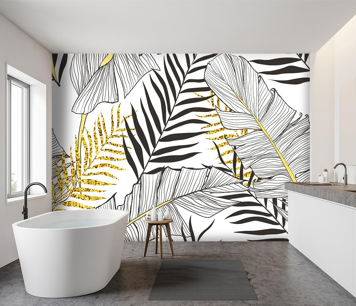 -Black and Gold Tropical Botanical Banana Leaf Fabric Wallpaper Living Room Bedroom Bathroom Abstract Plant Large Wall Mural- 137"x96"（ not Peel and Stick）