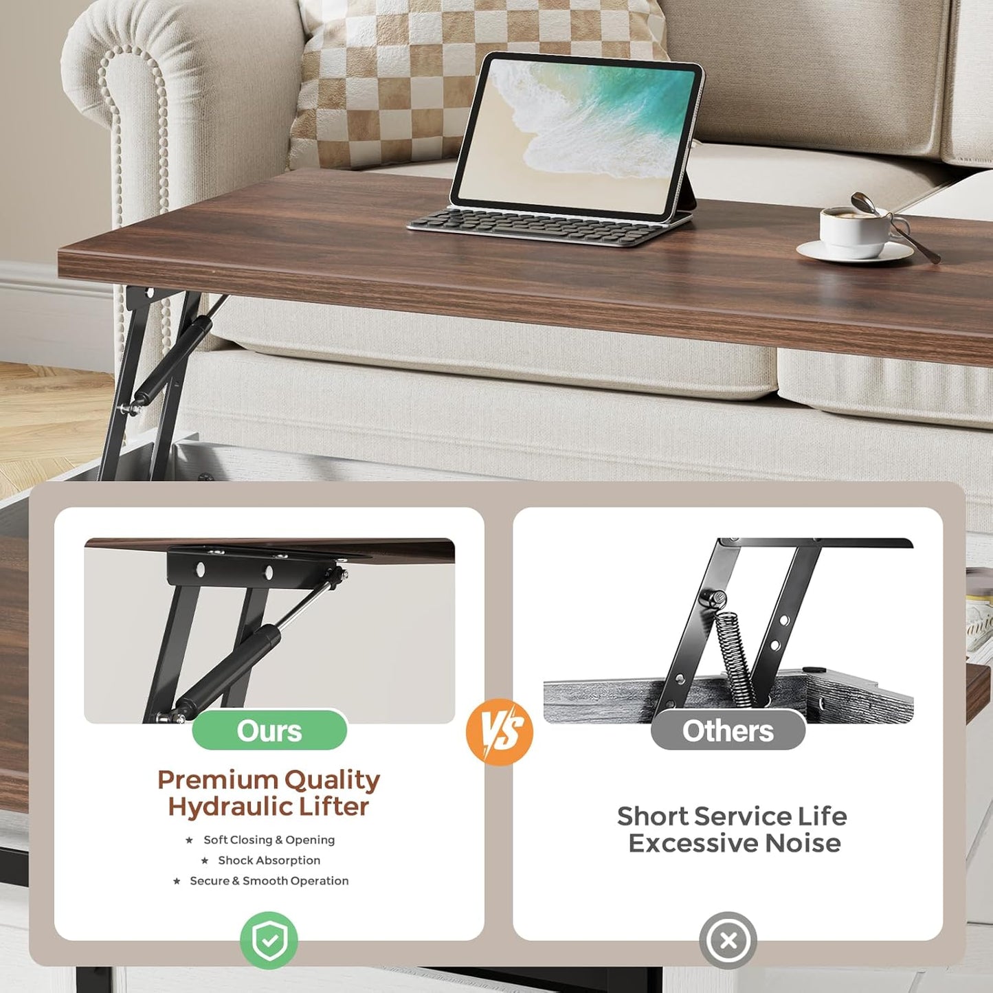 31.5" Lift Top Coffee Table with Storage, Farmhouse Coffee Tables for Living Room, Square Coffee Table with Large Hidden Storage Compartment, 2 Drawers & Removable Shelves, White