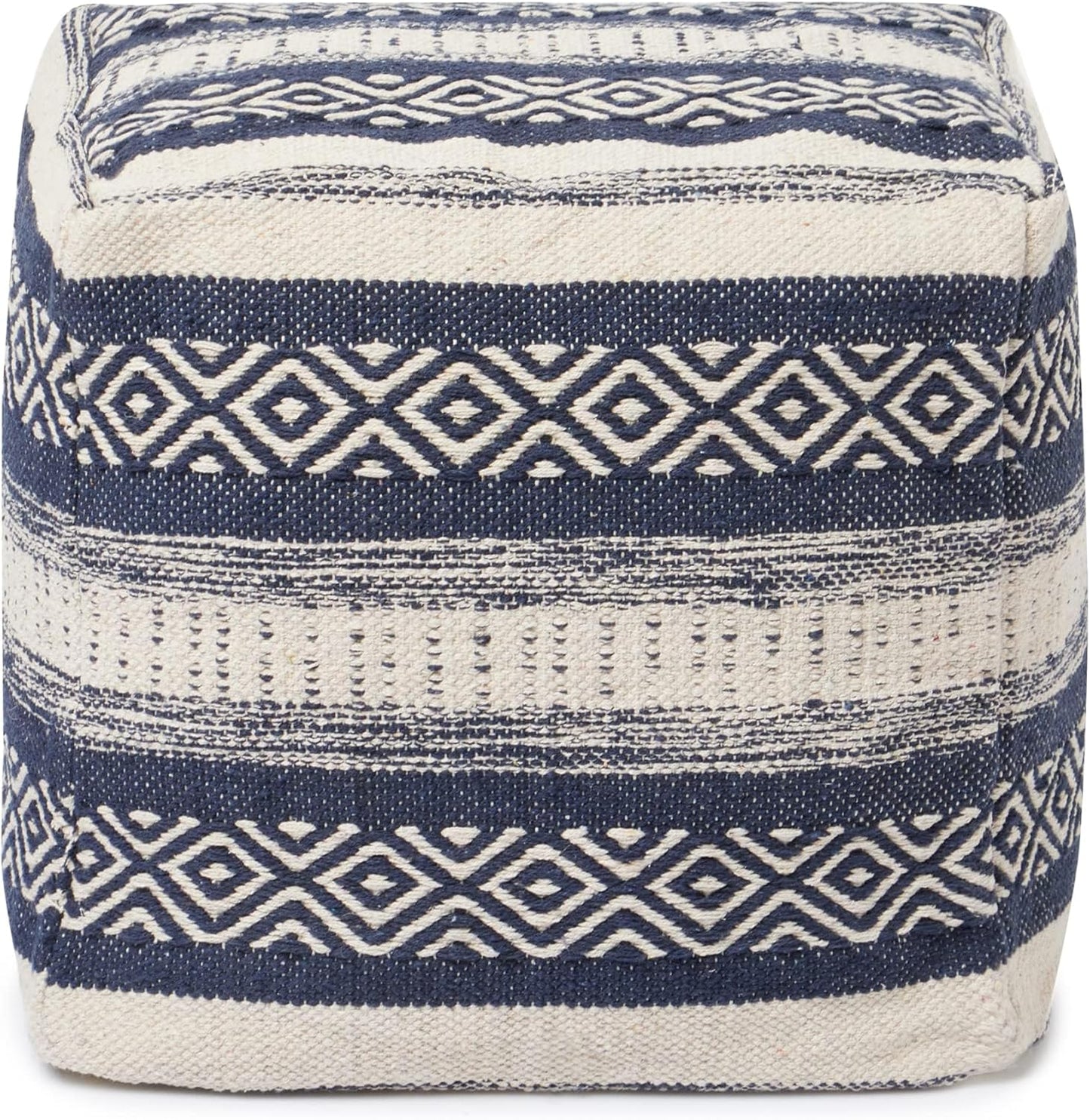 REDEARTH · Tufted Pouf Ottoman with Filler Textured Storage Cube Bean Bag Pouffe Footrest for Living Room, Bedroom, Nursery, Home Decor; 100% Cotton (17.5"X17.5"X17.5", Indigo Impressions)