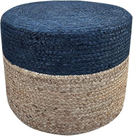 Jute Pouf Ottoman | Footrest Pouf | Hand Braided - Round Boho Pouffe - for Living Room, Bedroom, Nursery (18"x18"x12") Navy