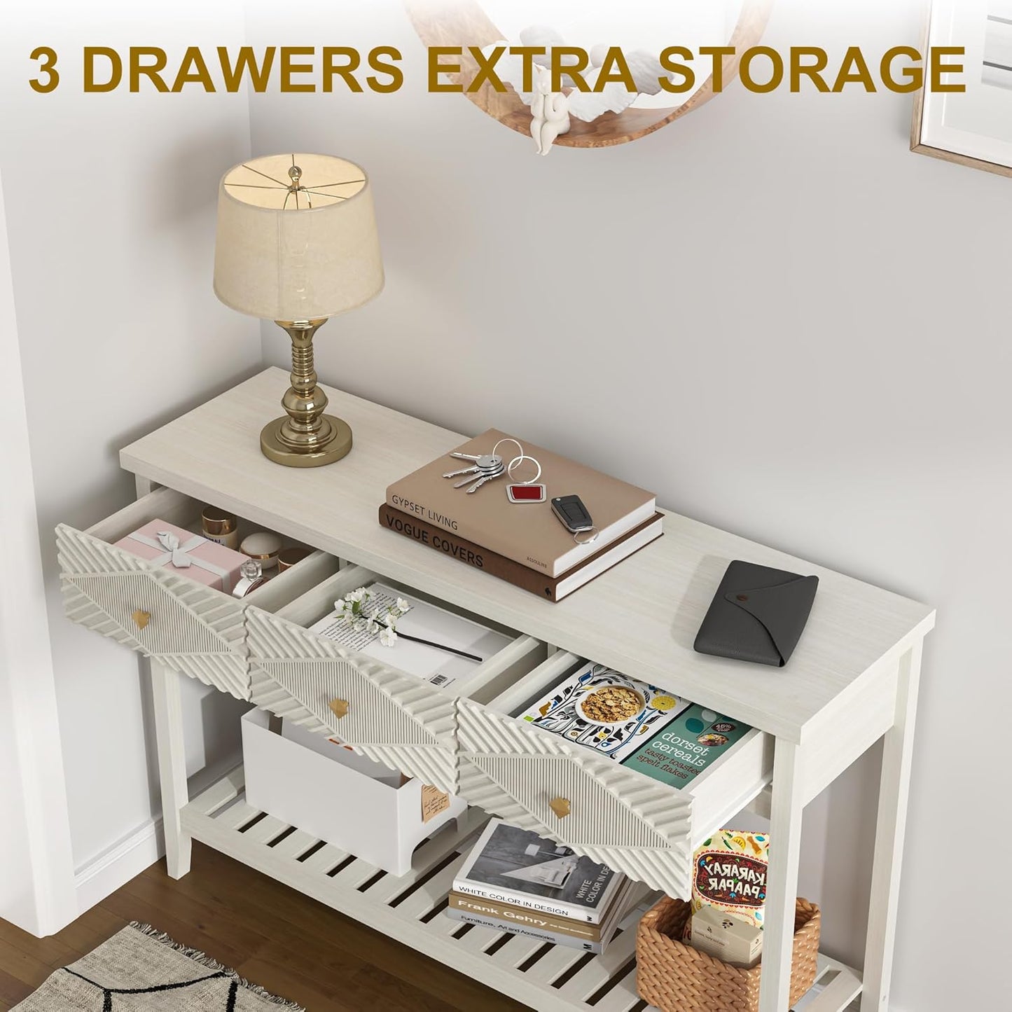 47" Fluted Console Table with 3 Drawers, Narrow Long Entryway Table with Storage Shelf, Sofa Tables for Entryway, Living Room, Behind Couch, Foyer, Hallway, Office (Beige)