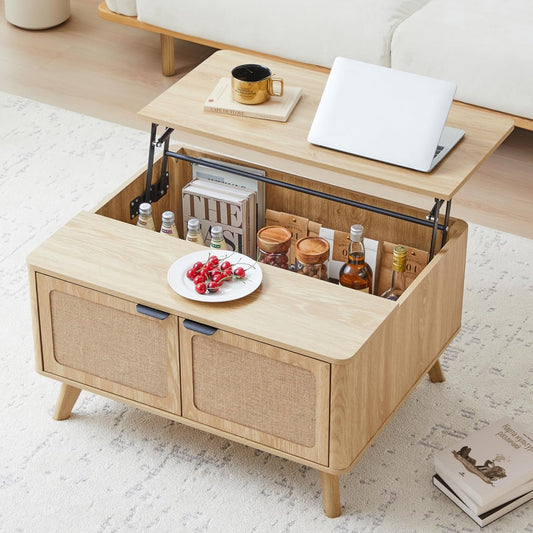 AVZEAR Wood Lift Top Coffee Table with Storage, Boho Modern Coffee Table with Nature Linen Doors & Large Hidden Storage, Rounded Corners Center Table Farmhouse Coffee Tables for Living Room, Natural