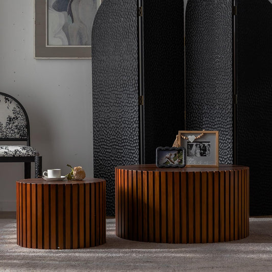 Nesting Round Coffee Table Set of 2, 27.56" Fluted Circle Accent End Table, Morden Drum Side Table, Wooden Center Table for Living Room, Fully Assembled - Walnut