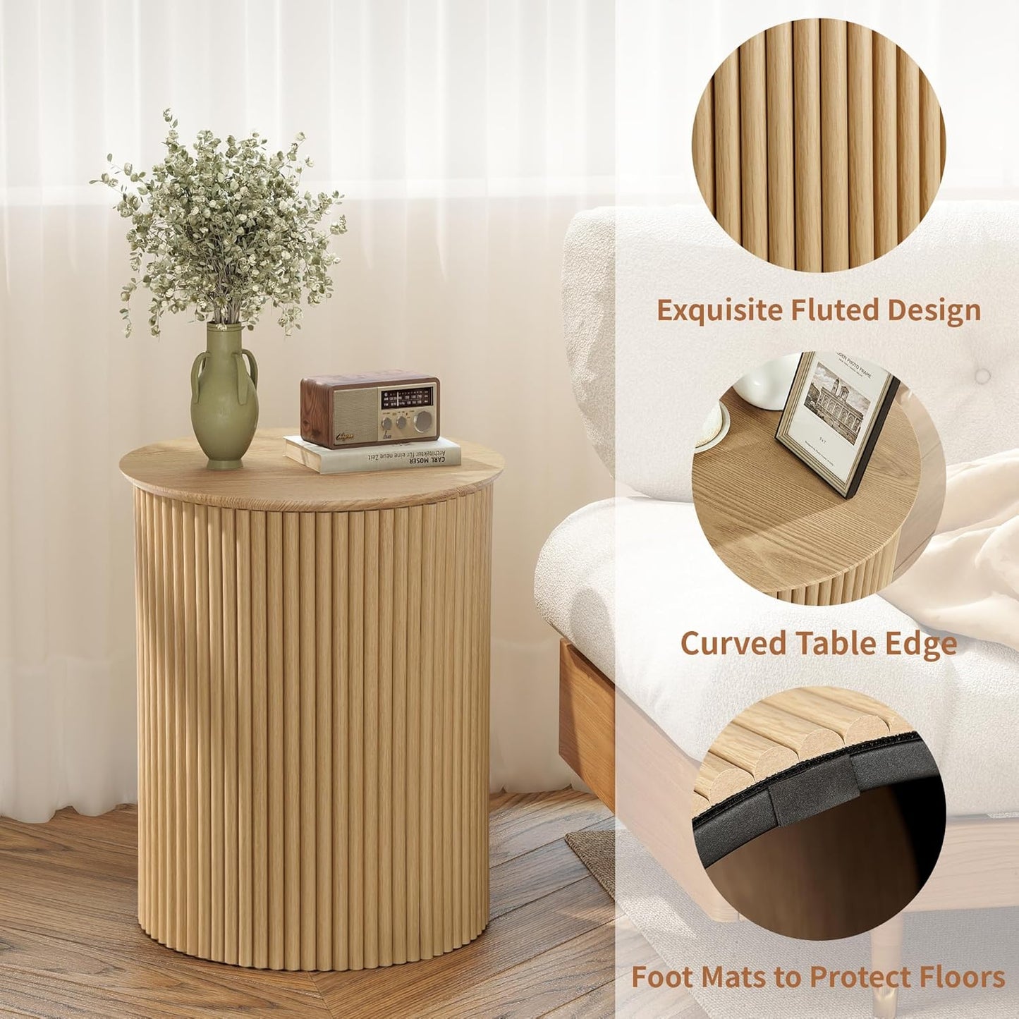 AVZEAR Small Round Side Table Fluted Night Stand Set of 2, Modern Boho End Table with Storage, 17.7" Circle Bedside Tables Wood Nightstands for Small Spaces, Living Room, Bedroom (Natural)