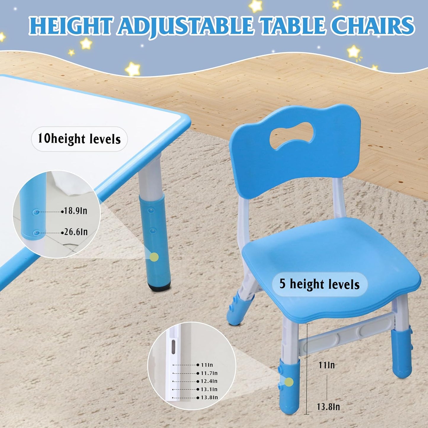 Kids Table and 6 Chairs Set with Graffiti Desktop, Toddler Furniture Set, Non-Slip, Table Children Study Desk, Dining Table, Height Adjustable Desk, Painting Desktop for Kids (47.2x23.6Inch)